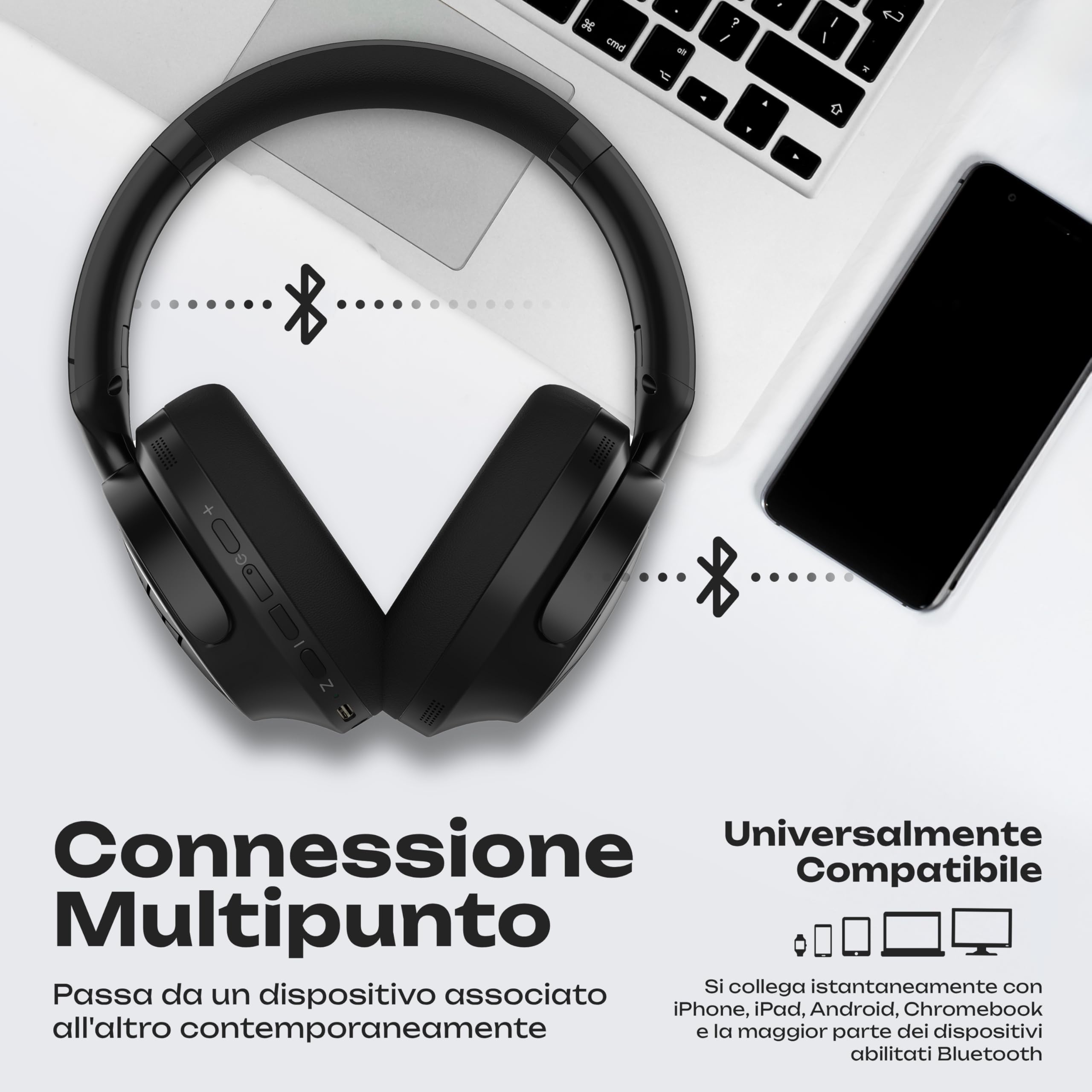 PowerLocus Cuffie Wireless Cancellazione Rumore Attiva Ibrida, Cuffie Bluetooth Over Ear, 70 Ore di Riproduzione, Bass Modi, Hi-Fi Stereo, Pieghevoli e Modalità Trasparenza, con Custodia (Nero)
