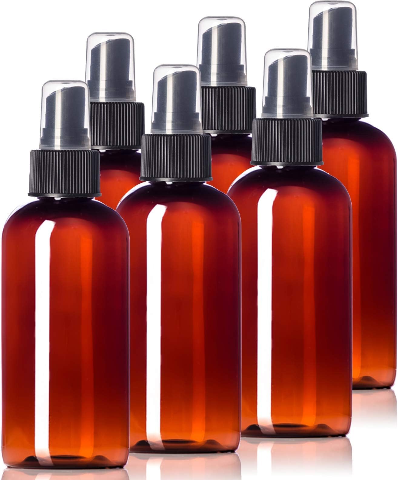 4oz Plastic Amber Bottles (6 Pack) BPA-Free Squeeze Containers with Spray Cap, Labels Included