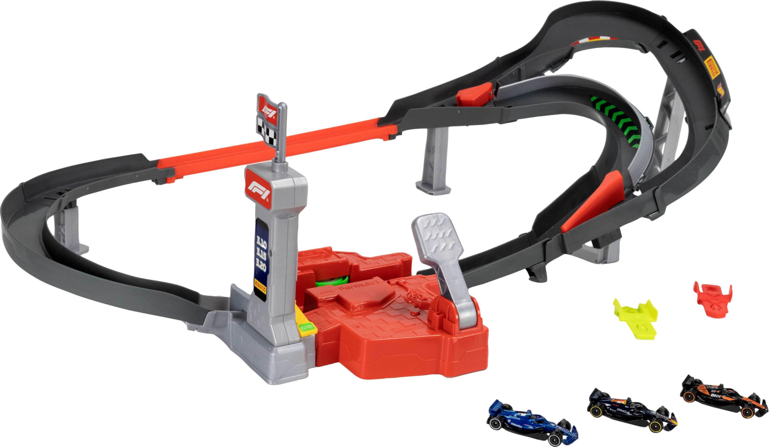 Hot Wheels, pista e macchinine McLaren Formula 1 Team in scala 1:64, Oracle Red Bull Racing e Atlassian Williams Racing, circuito Sprint, JNN32