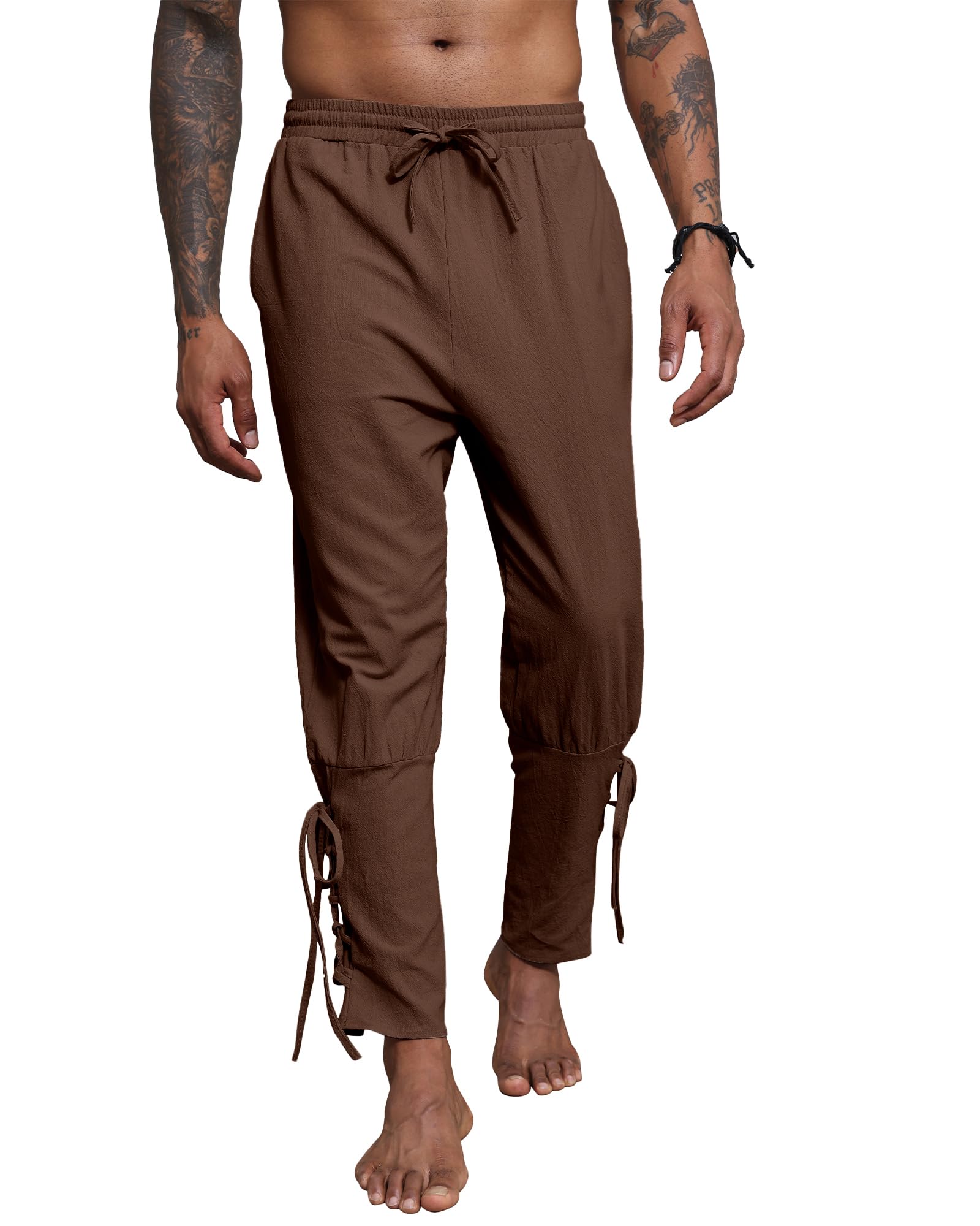 YAOBAOLE Leinenhose Herren Mittelalter Wikinger Renaissance Piratenhose Lang Locker mit Taschen Elastischer Bund Kostüm Hose