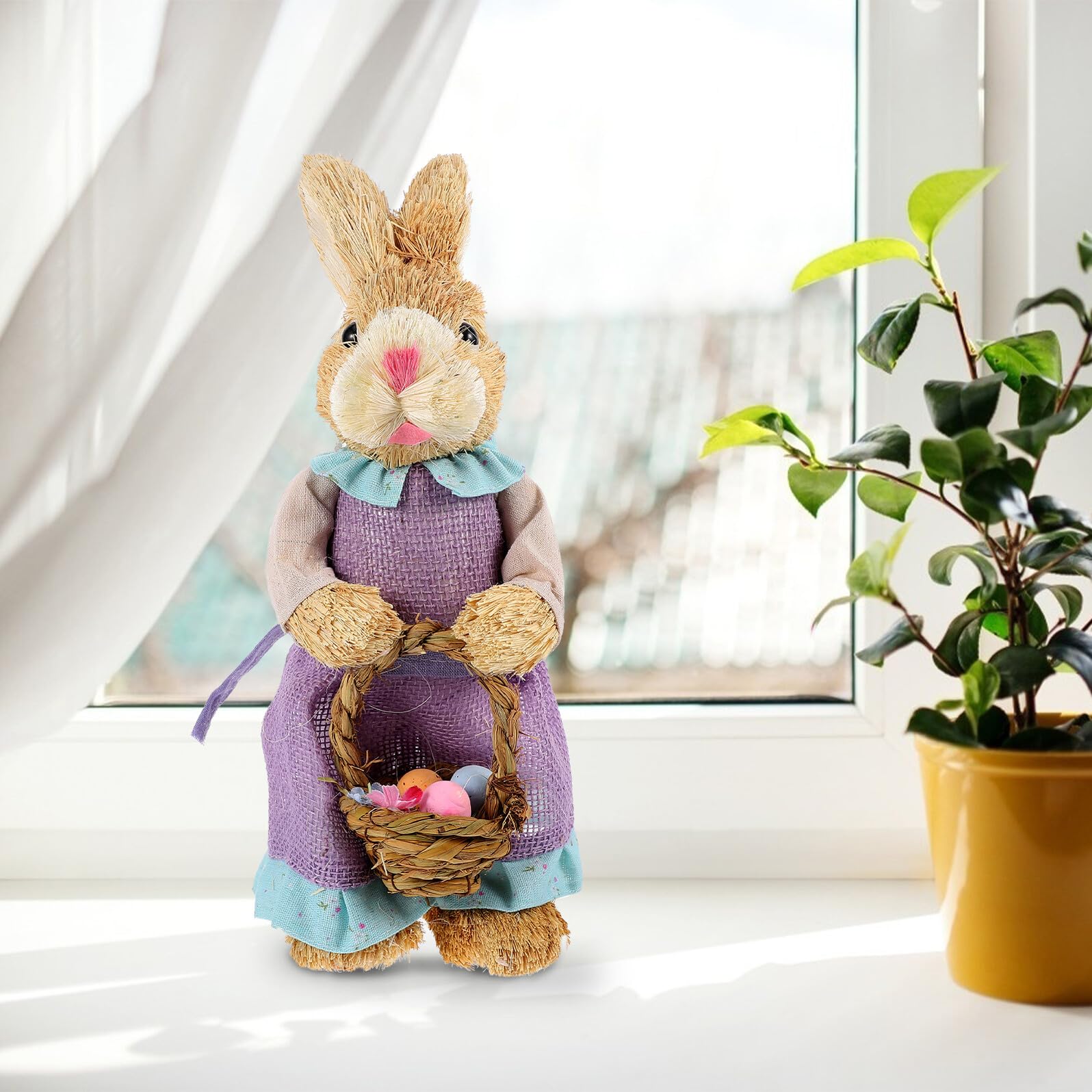 Alipis Conejo de Pascua de Paja Decorativo Adorno Hogar y Oficina Figura Artesanal de Conejito de Tamaño Mediano Diseño Rústico para Decoración de Jardín y Fiestas