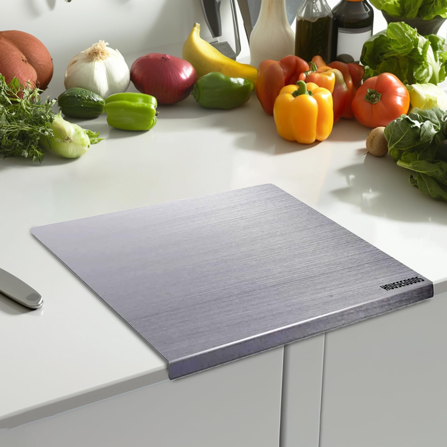 HOUSEGOODS Steel Countertop Chopping Board for Kitchen, Large 41 X 31 CM, Premium 304 Grade Stainless Steel Cutting Board, Rust-Free, Anti-Bacterial, Chef Approved, Ideal for Vegetables, Fruits, Meat