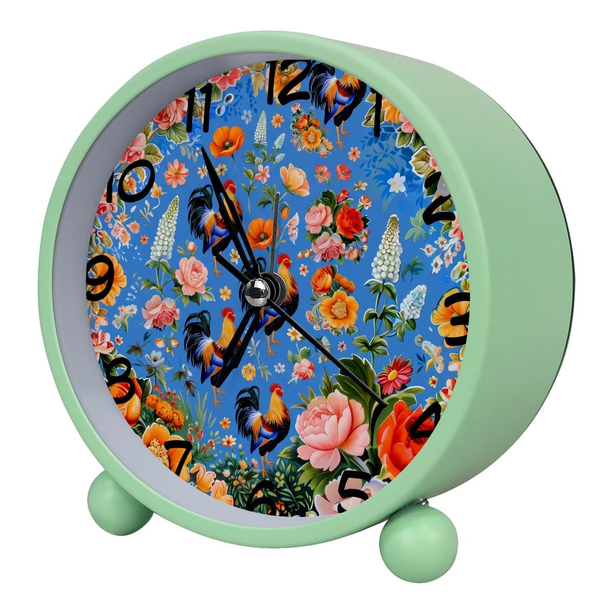 Luoweisi Analog Alarm Clock Roosters Flowers, Silent Non-Ticking with Night Light, Battery Operated, Round Desk Alarm Clock for Office, Bedroom, Elderly, Adults, Children, Student Gifts