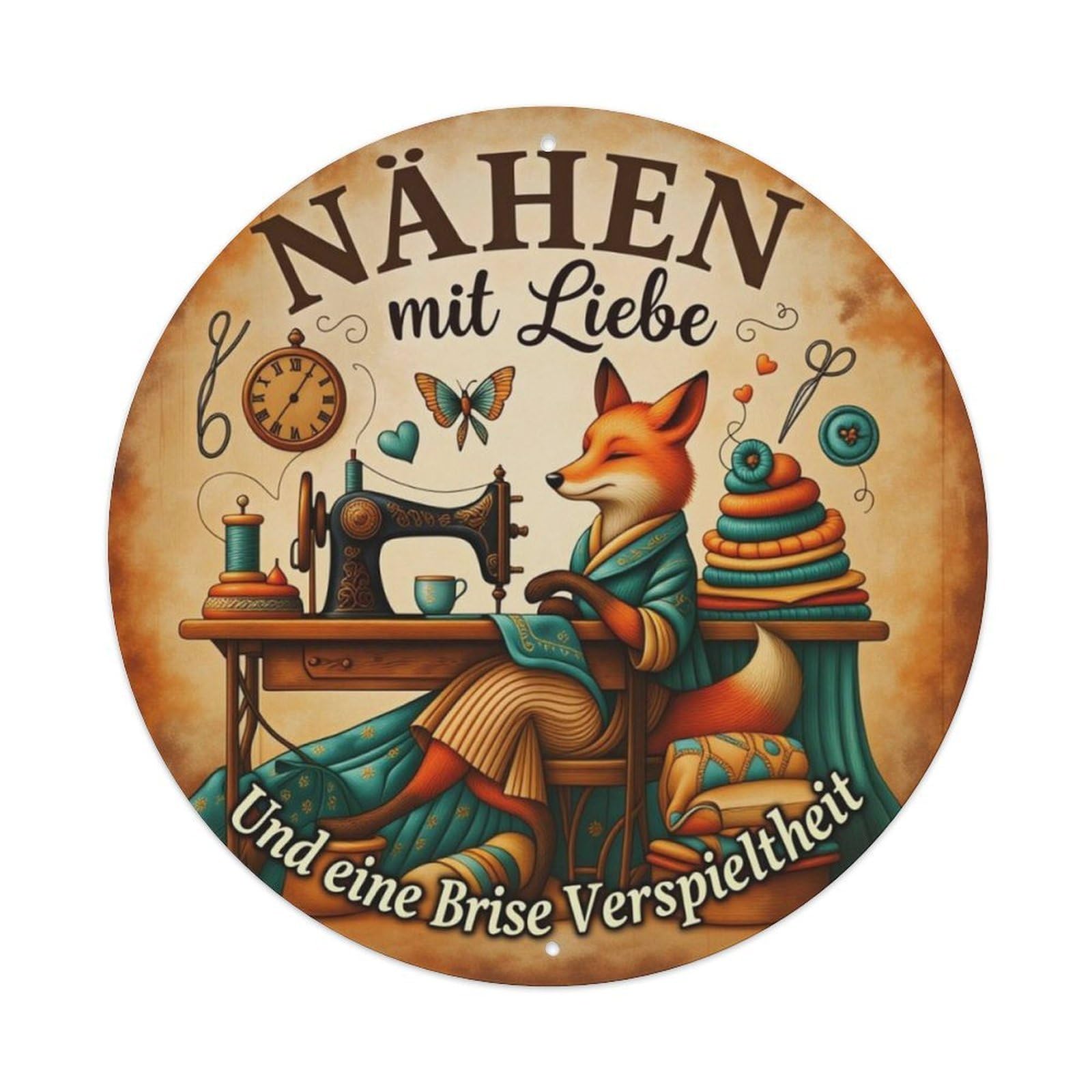 German Sewing Fox Vintage Sewing Machine Round Tin Sign Vintage Aluminium Metal Sign, Retro Wall Decor for Home, Bar, Garage & Farmhouse 20x20cm
