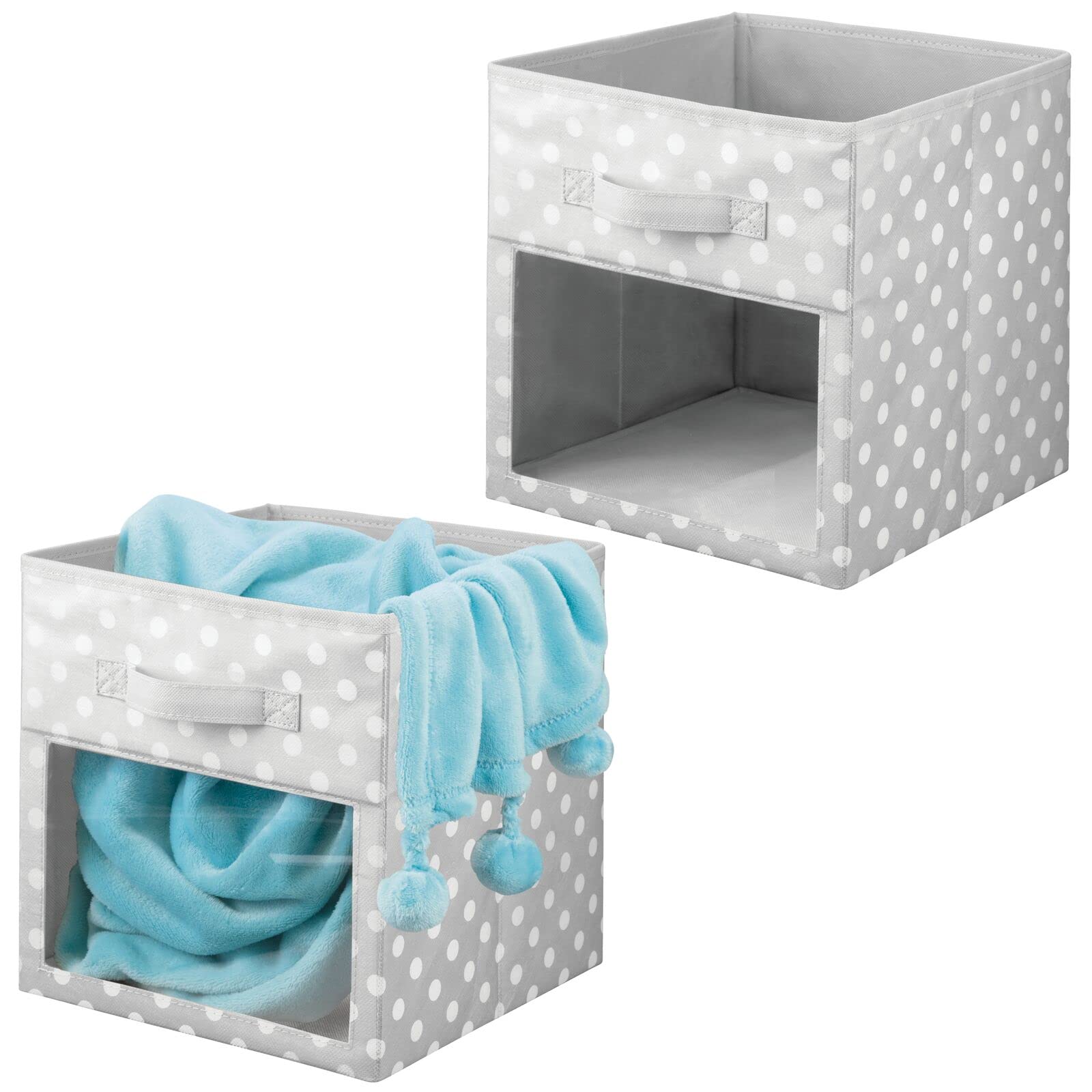 mDesign Fabric Nursery/Playroom Closet Storage Organizer Bin Box with Front Handle/Window for Cube Furniture Shelving Units, Hold Toys, Clothes, Diapers, Bibs, 2 Pack - Gray/White Polka Dot
