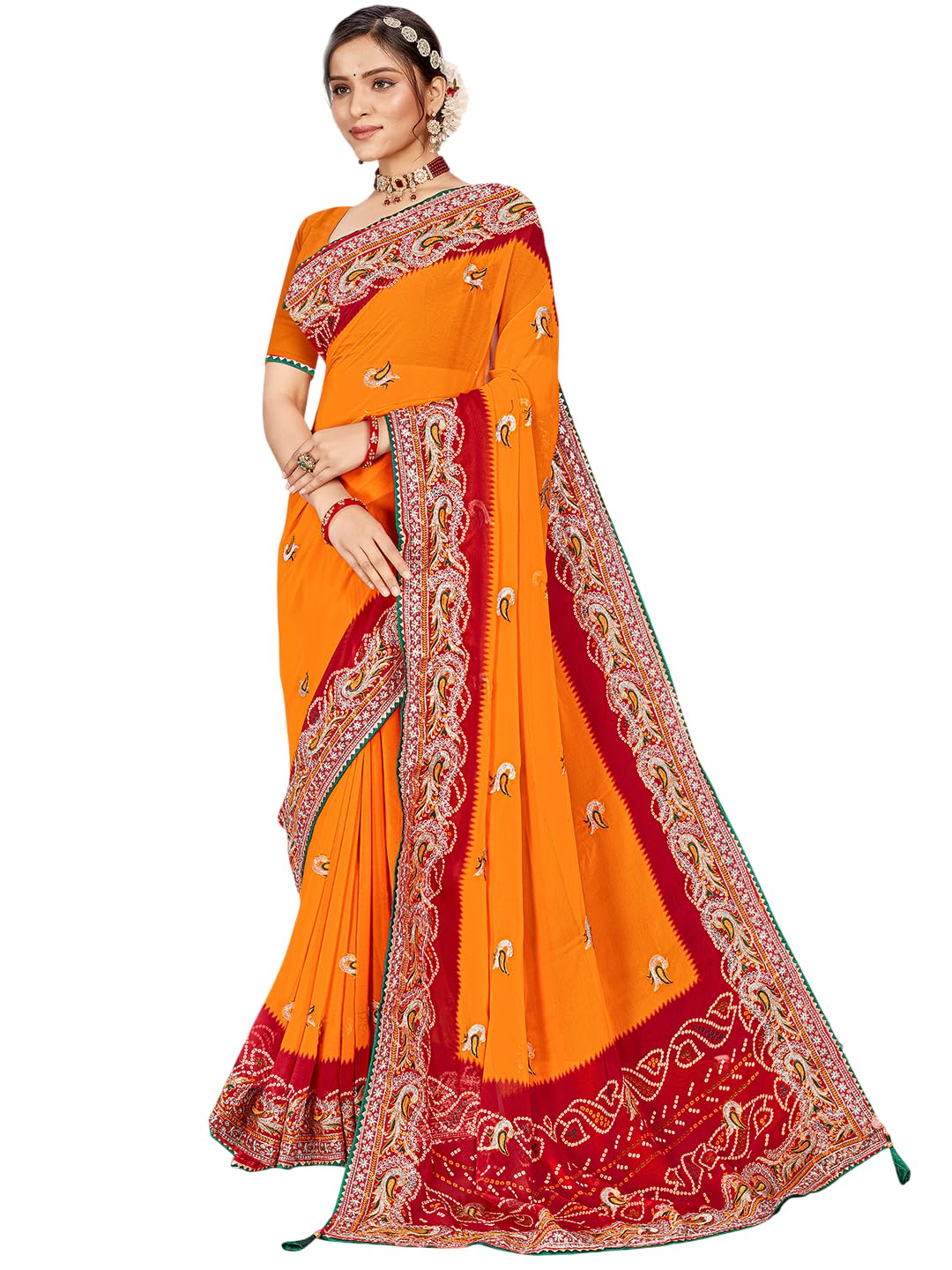 Women's Georgette Bandhani Print Saree with Unstitched Blouse Piece-picture-17