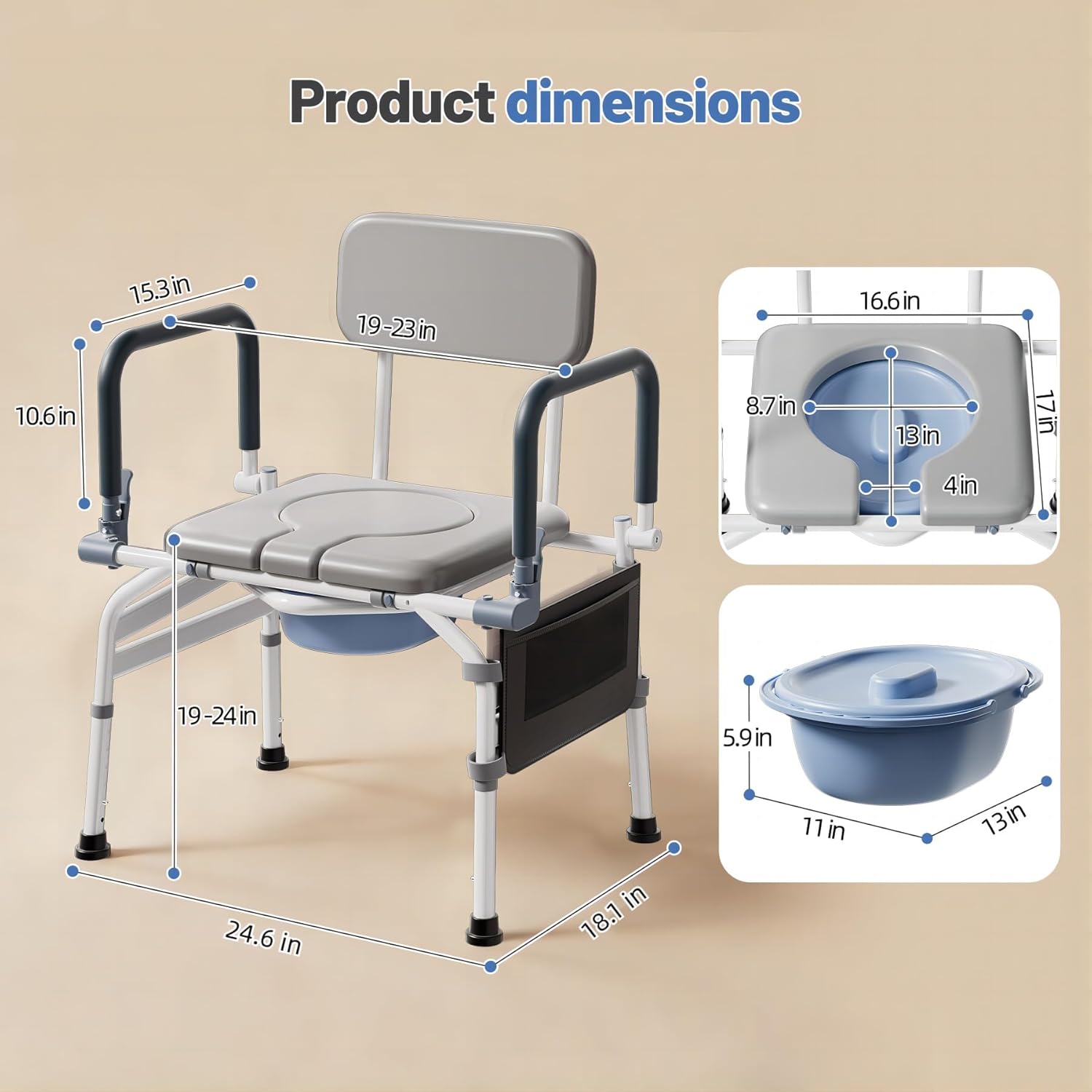 Drop Arm Bedside Commode, 19"-23" Adjustable Extra Wide Seat for Bariatric & Seniors, Safety 3-in-1 commode toilet, 500 lbs Soft Padded Seat, Heavy Duty Potty Chair for Adults
