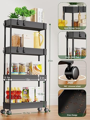 Miniatura 3 de LEHOM Carrito de almacenamiento delgado de 5.1 pulgadas, organizador de baño de 4 niveles, estantería móvil, carrito utilitario rodante, organizador