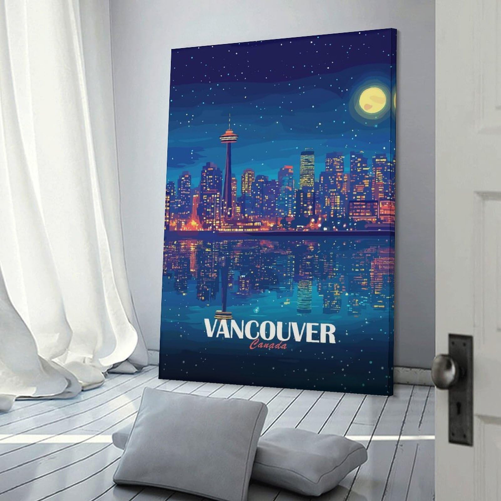 Junmoney Vancouver Canada Night Skyline Illustration Wall Art Print 24x36inch(60x90cm), for Corridors, Hallways Or Apartment Entries, Wall Decor to Refresh Empty Corners