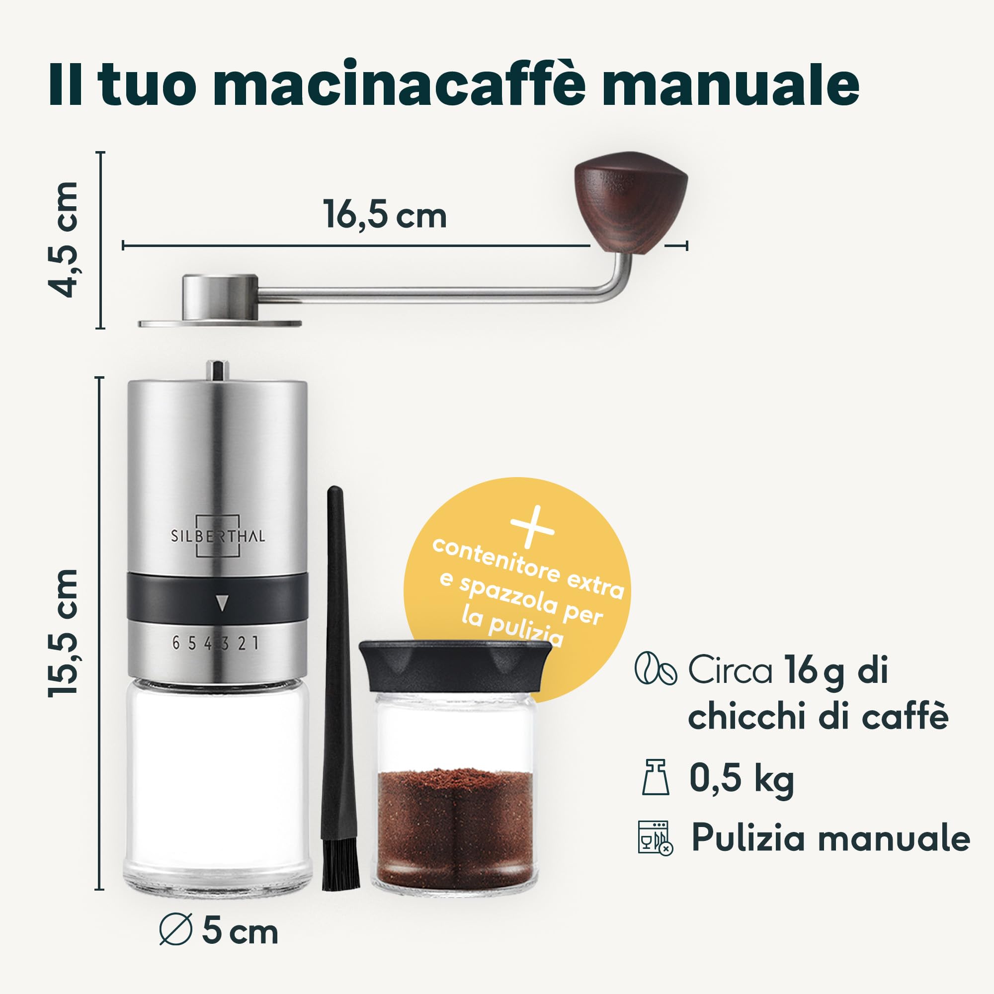 SILBERTHAL Macina caffè manuale - Professionale e regolabile - Macinino caffè a mano - Manual coffee grinder per moka
