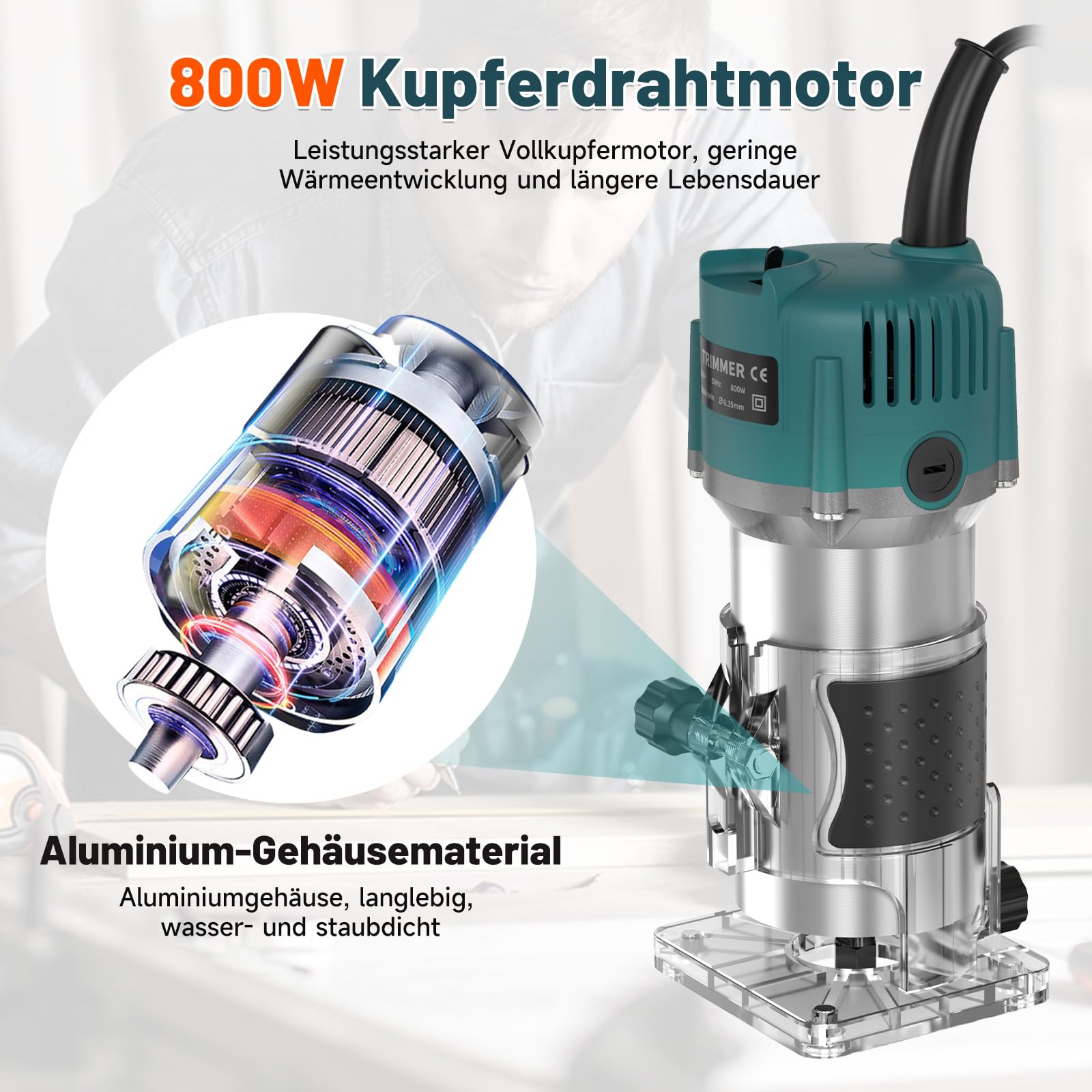 Yofuly 800W Oberfräse Holzfräse, 220V Einhandfräse Oberfräsen Trimmer 30000r/min 6.35mm Spannzangen mit 15 Pcs 1/4" Fräser Set, kantenfräse mit Tragetasche