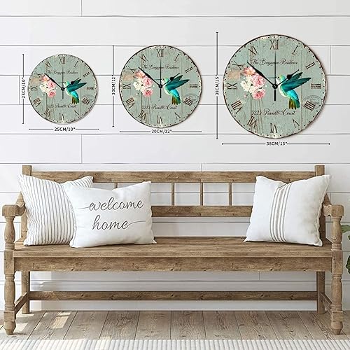Miniatura 8 de Reloj de pared de madera con dirección personalizada, colibrí, fácil de leer, movimiento de barrido, reloj de pared redondo, estilo retro, reloj de