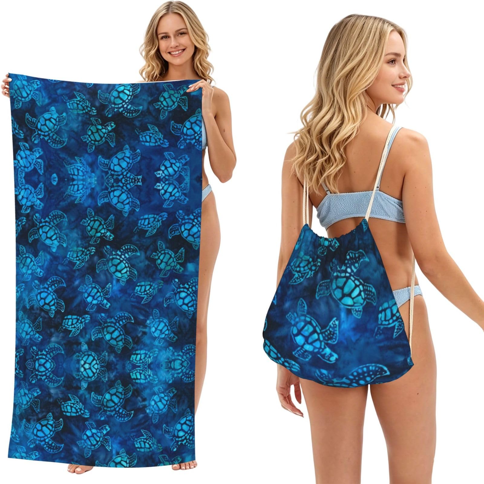 ESNAIUVCD Sea Turtle-Blue Print Beach Towel For Adults,Towel With Drawstring Bag, Travel Pool Swimming Sports Shower Sand Free Quick Dry Bath Towel For Pool, Beach, Yoga- 180x60cm