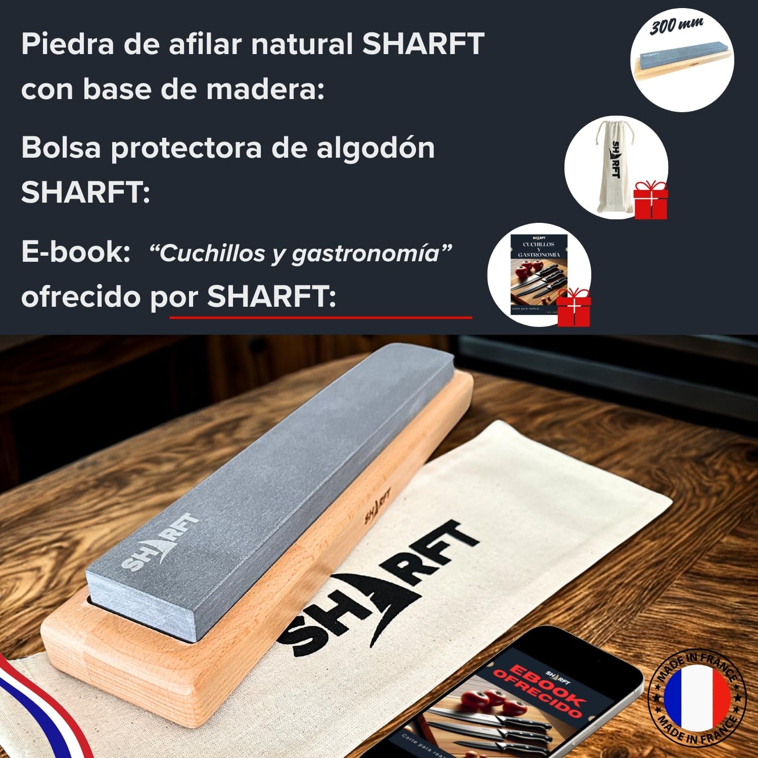 SHARFT, piedra de afilar natural de los Pirineos, equivalente a grano 1000 + base de madera. Piedra de afilar de 300 mm. Afilador de cuchillos de cocina, etc. Afilador profesional. MADE IN FRANCE.