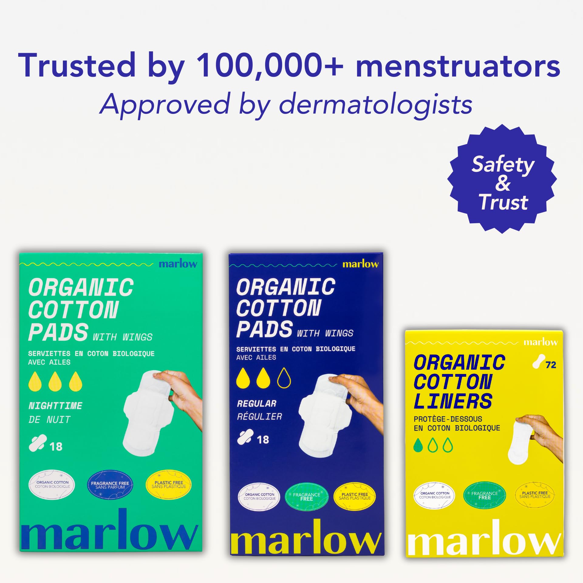 Marlow 100% Organic Cotton Top Sheet Pads, Extra Long with Two Sets of Wings, Biodegradable Wrapper, Plastic Free, Fragrance Free, Toxin Free, Hypoallergenic, Ultra Thin, Leak Proof, 18 Count