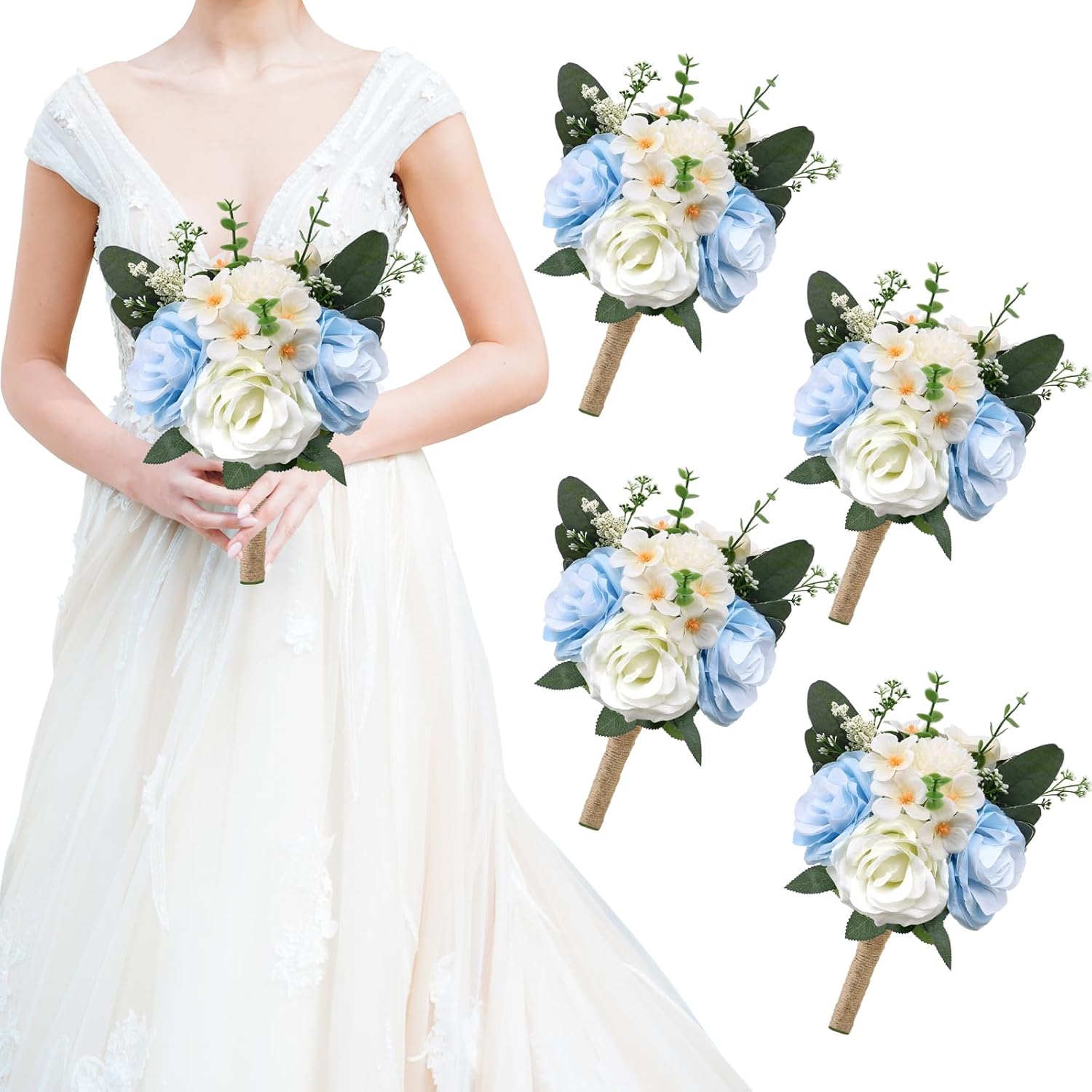 8 Inch Bridesmaid Bouquet Set of 4, Light Blue & White Artificial Flowers Bouquet Wedding Bridesmaids Rose Floral for Church Marriage Party Dinning Table Centerpieces Decorations Light Blue & White Set of 4 Bouquets