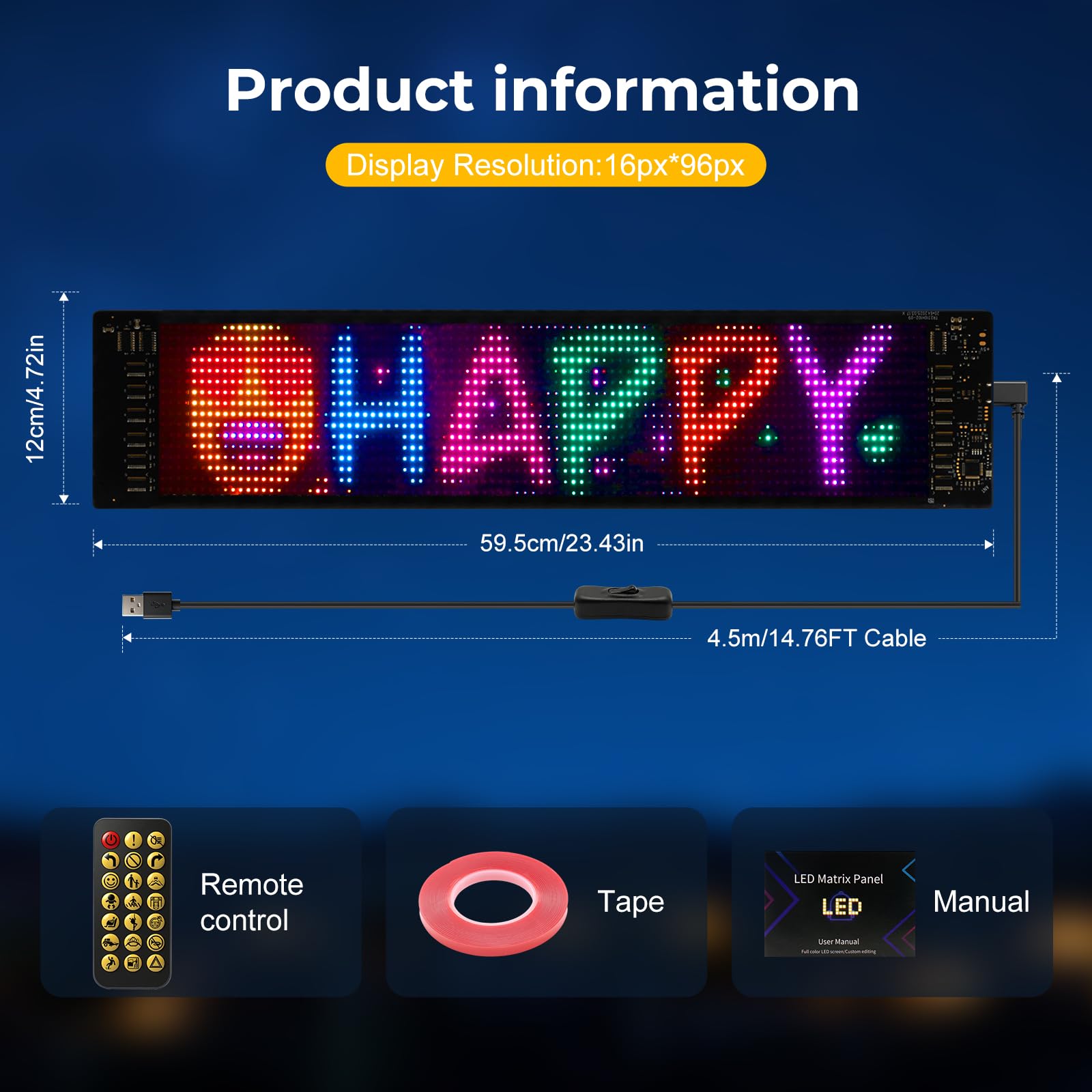 LUXONIC Super Brighter 59.5x12CM ProgrammabileInsegna Luminosa LED, personalizzabile, flessibile, Bluetooth APP & telecomando, USB 5V Occhi Pannello Led RGB impermeabile per Auto, negozio, bar, festa