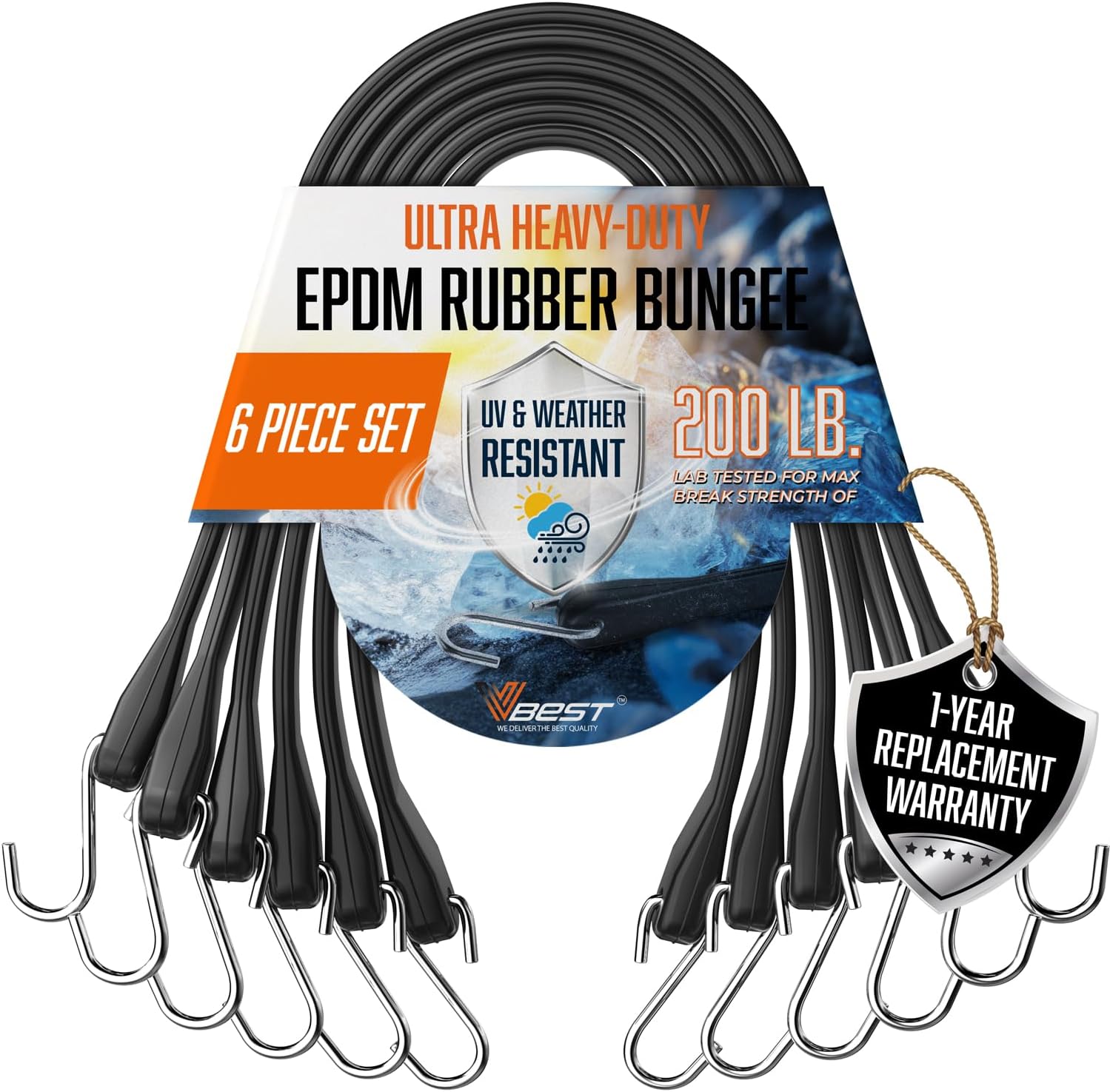 Rubber Bungee Cords with Hooks – Heavy Duty 15" Bungee Straps (6 Pack), 1.8X Max Stretch, Over 200 lbs Load – 100% EPDM Rubber & S-Hooks for Cargo, Tarps, Outdoor Use