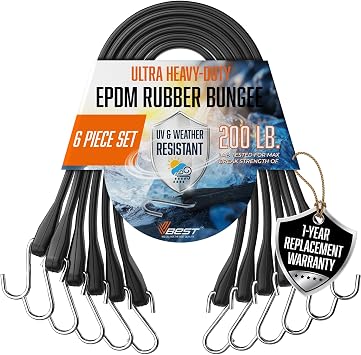 Rubber Bungee Cords with Hooks Heavy Duty Outdoor Straps, Assorted Sizes 10", 15", 21", 31" 8 Pack, 1.8X Max Stretch, Over 200 lbs Load 100% EPDM Rubber & S-Hooks for Cargo, Tarps