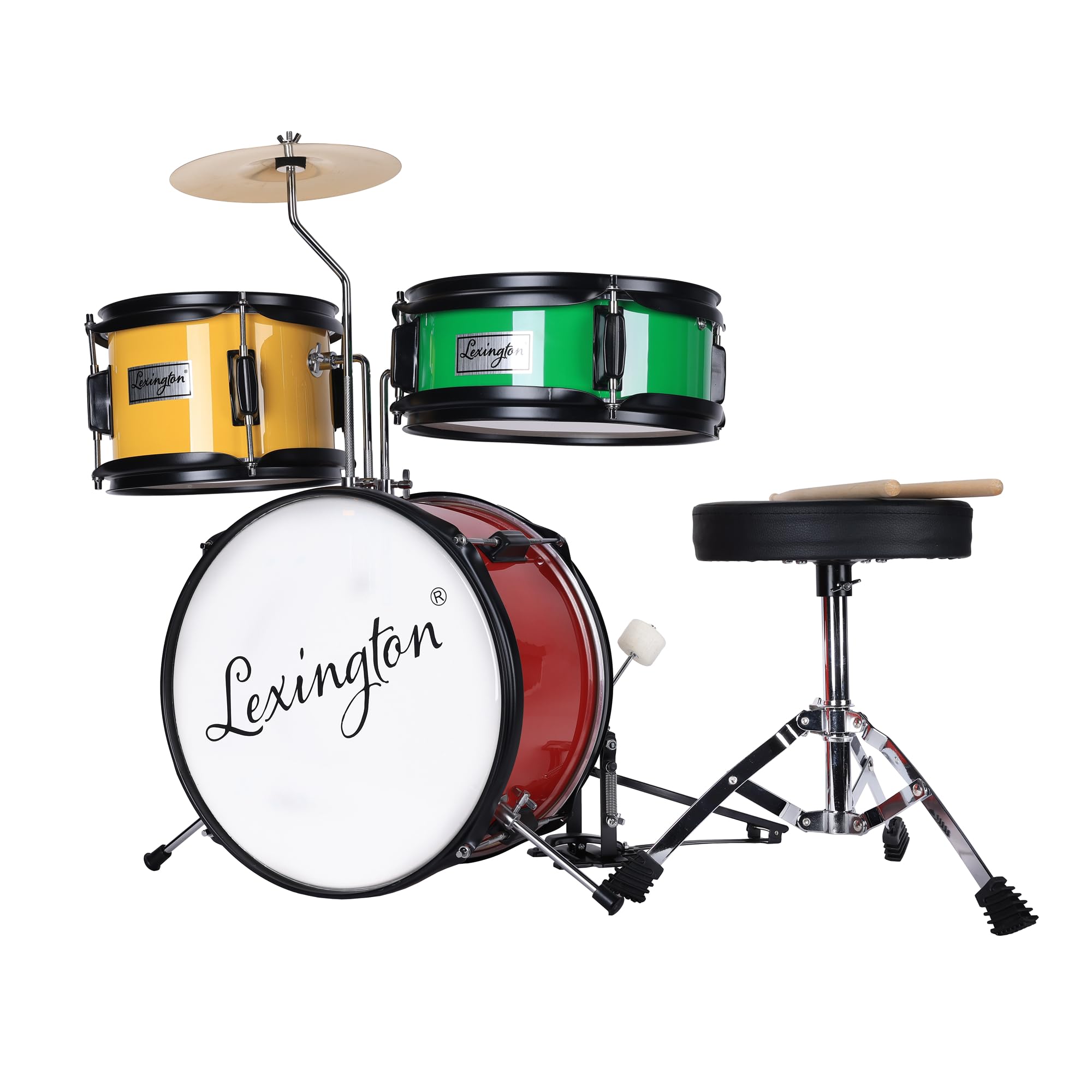 Children's Drum Set 3 PC, Drum Set for Children with Snare, Tom, Bass Drum, Bass Drum Pedal, Throne, Cymbals, Drumsticks, Red, Yellow, Green