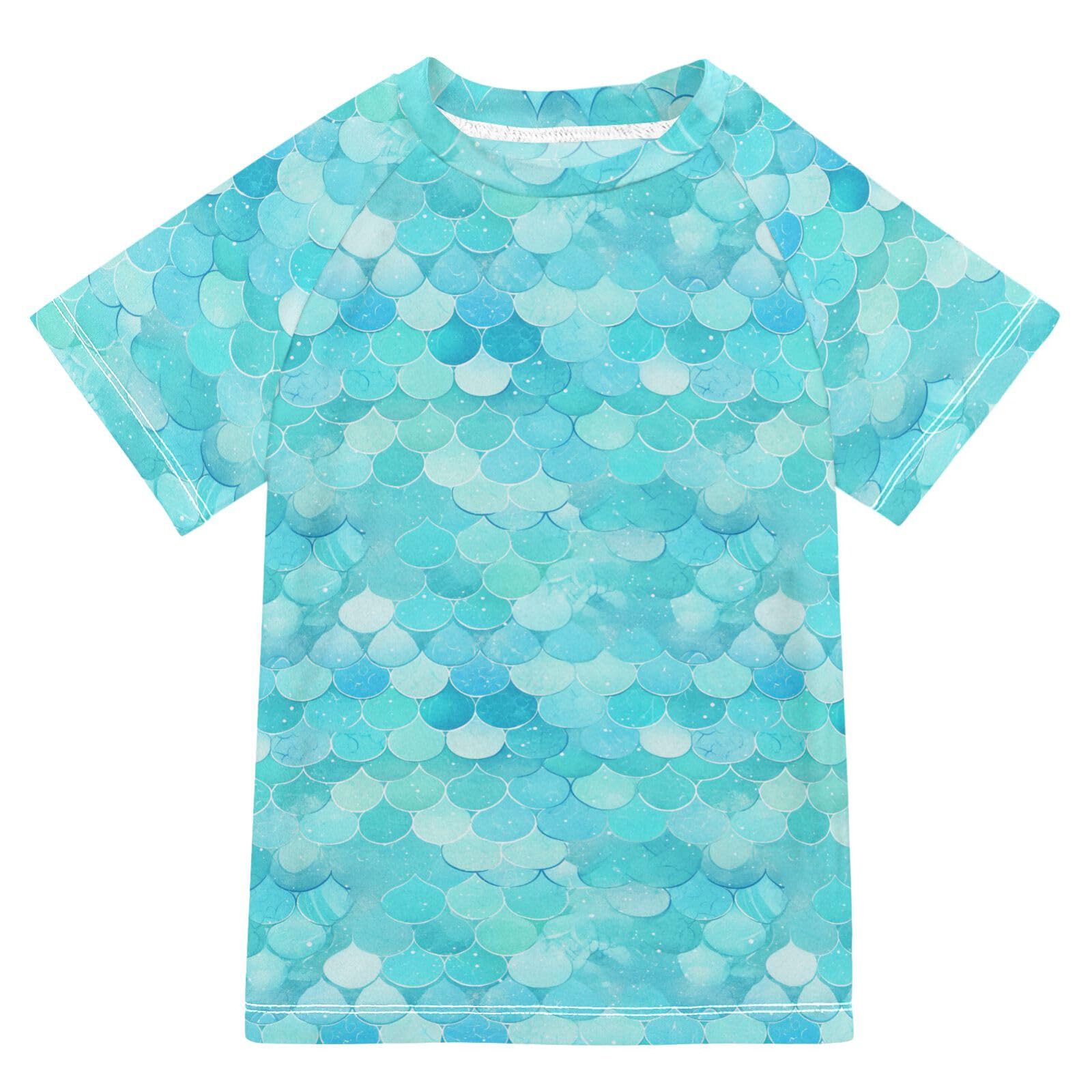 KLL Rash Guard Bathing Suit Girls Short Sleeve Rashguard Swimsuit for Girls 4T Teal Fish Scale Shimmering