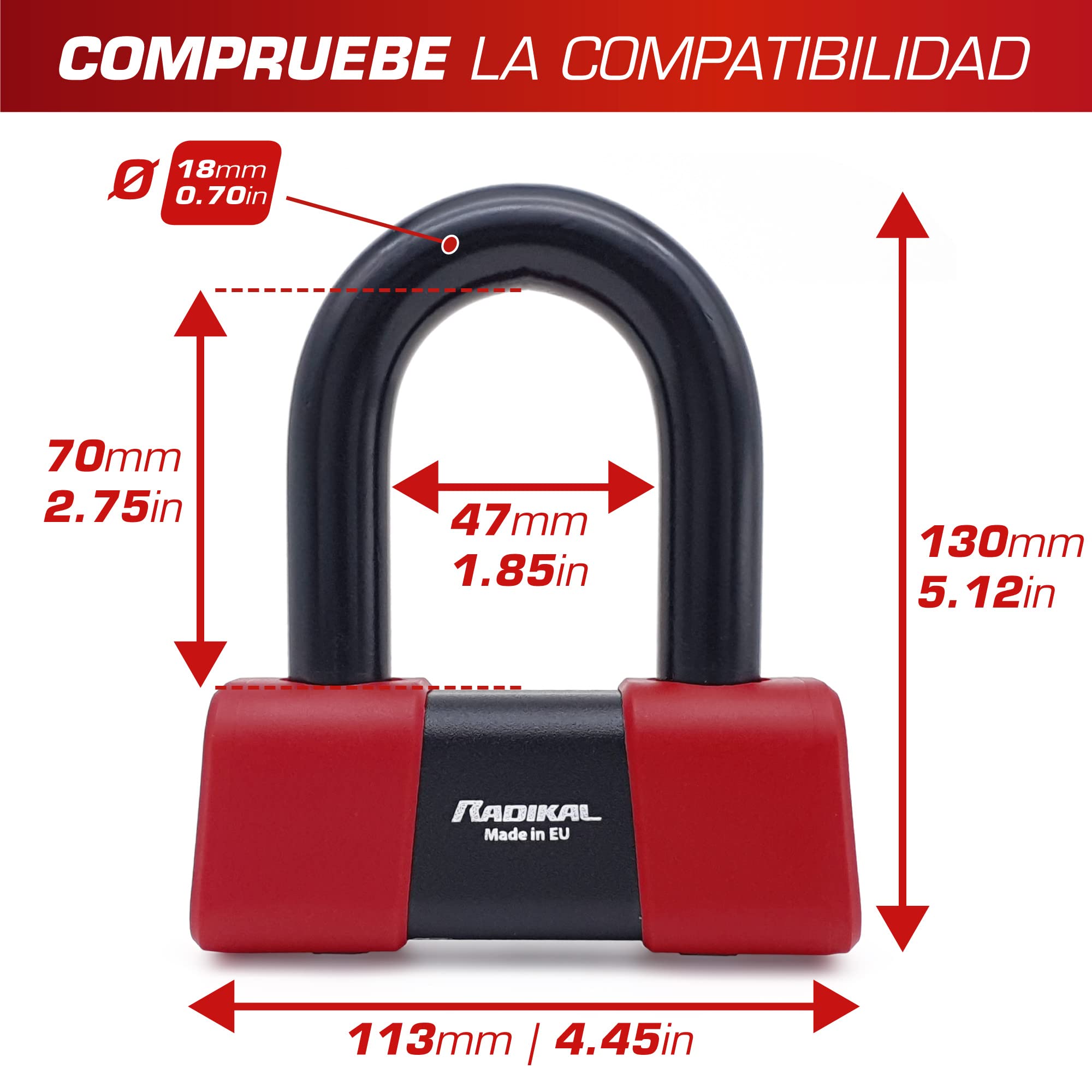 RADIKAL RK75 Candado Moto Disco Mini U Homologado SRA Premium, Más Disuasorio, Testado Brutalmente, Arco ø18mm de Acero Cementado, Doble Cierre, Cable Recordatorio, Bloqueo Antirrobo Cepo Disco Freno
