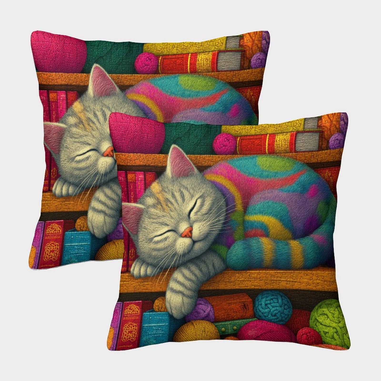 kaiyun 2 Pack Cute Kitten Sleeping on Bookshelf,colorful Books 3D Cushion Cover Pillow Cover Sofa Outdoor Decoration Square 50x50cm