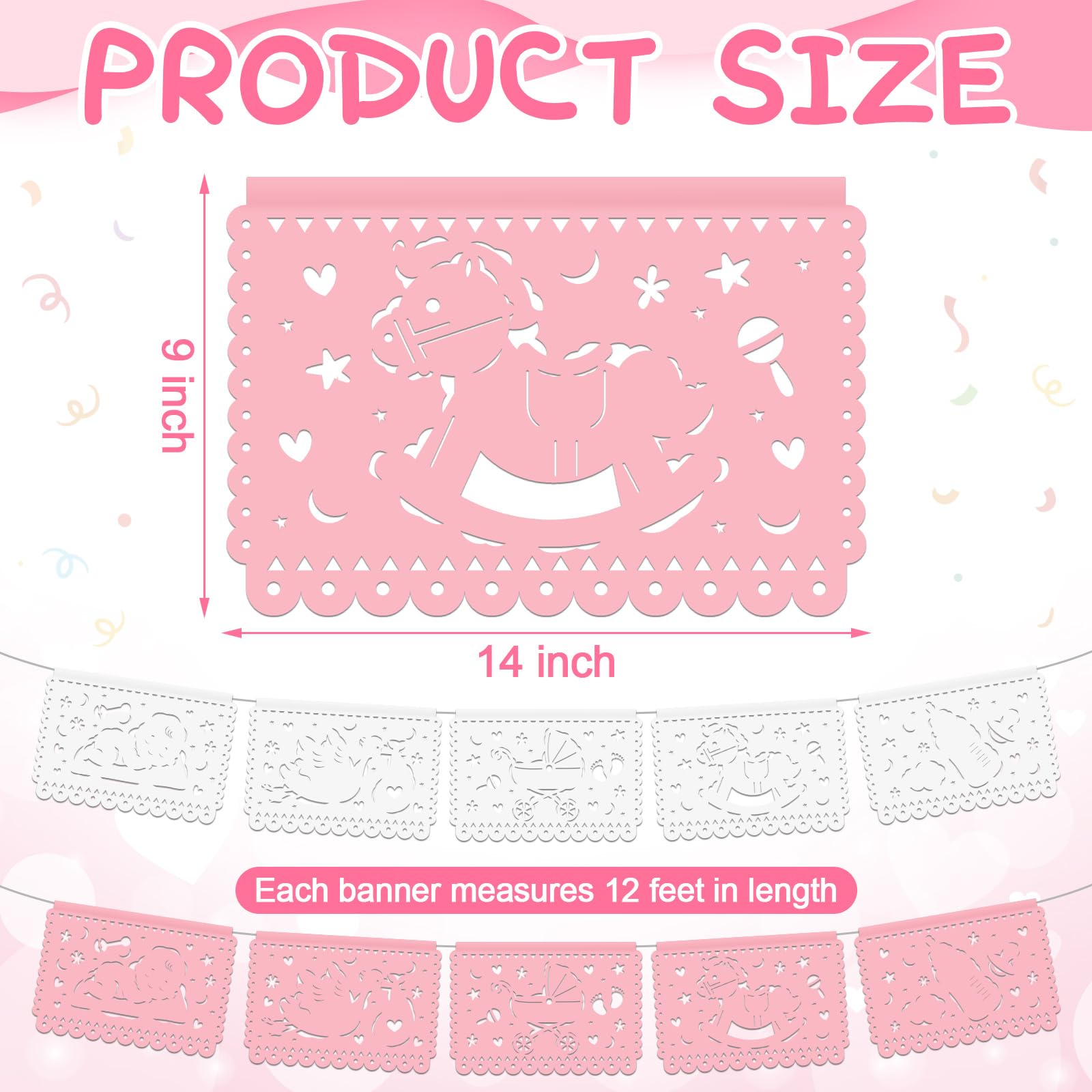 Epakh Confezione da 5 striscioni Papel Picado per baby shower Cielito Lindo Baby Shower Decorazioni da appendere Fiesta Papel Picado Ghirlanda di carta con cavallo a dondolo Baby Bottle Heart Design