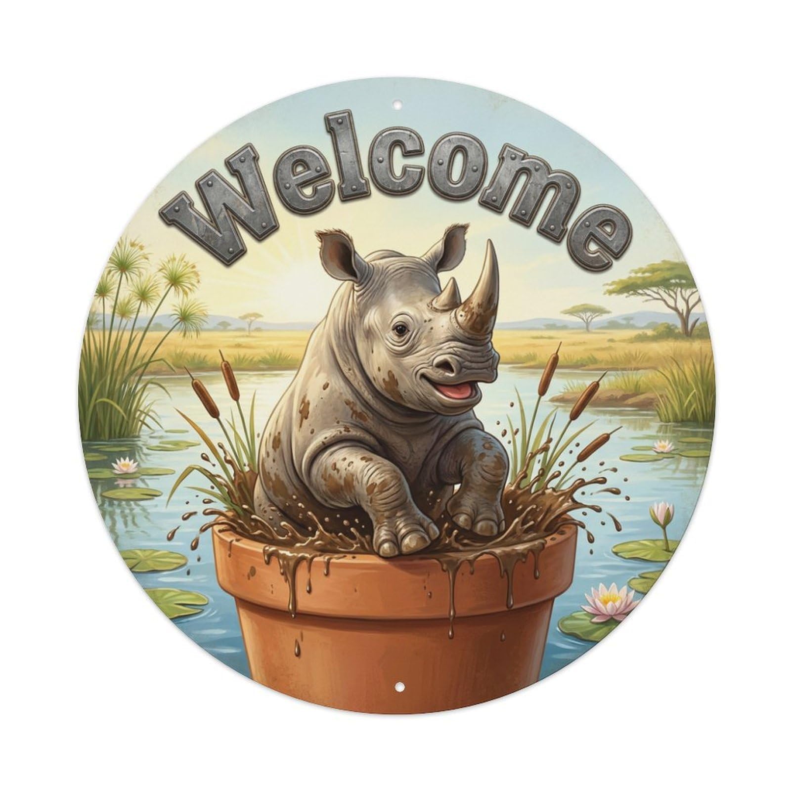 Metal Tin Sign Welcome Rhino Waterhole Mud