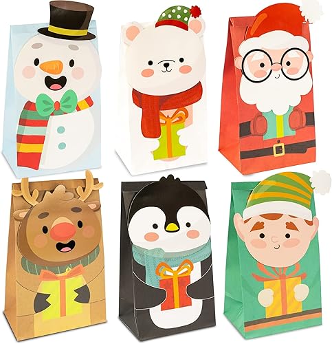 Uptotop Bolsas de regalo de Navidad con ventanas, paquete de 12 bolsas de regalo de papel de Navidad con 6 diseños surtidos para fiestas de Navidad,