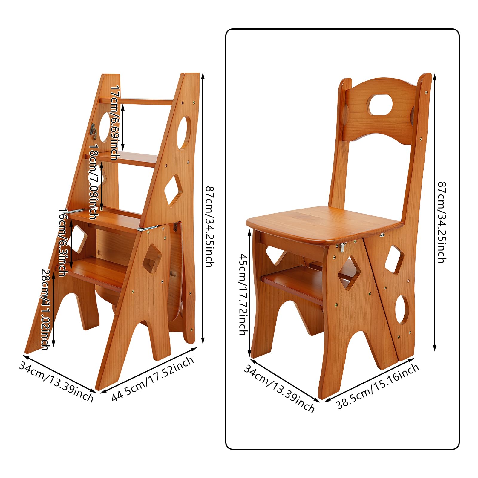 Sgabello pieghevole a 4 livelli, in legno, trasformabile, scaletta e sedia per scale, multifunzione, portata 100 kg, utilizzato per interni ed esterni (caramello)