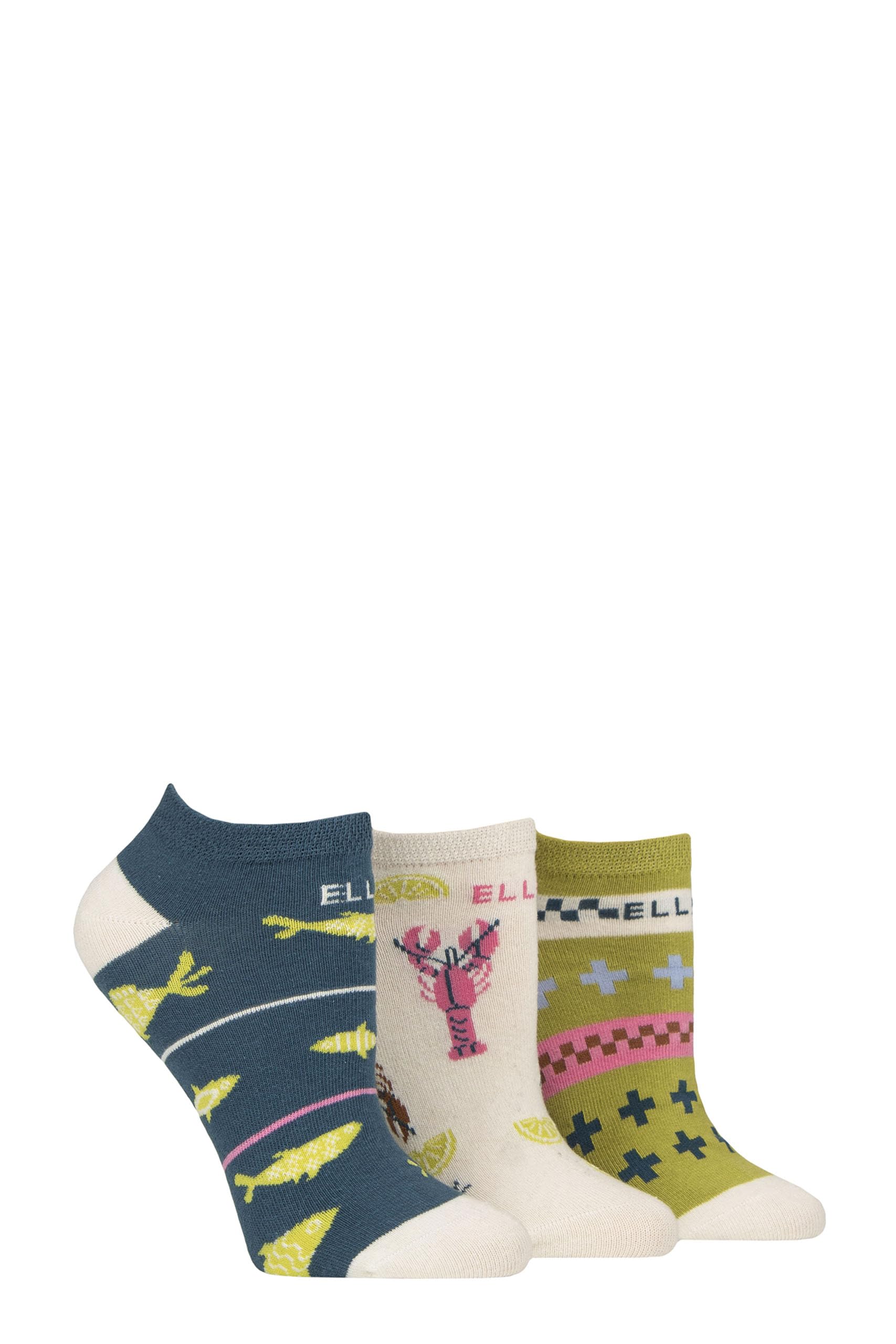Elle Women's Coastal Joy Patterned No-Show Socks - Soft Cotton In Plain, Stripe And Patterned Styles Multipack Of 3 Size 4-8 (Uk, Numeric, 4, 8, Regular, Regular, )
