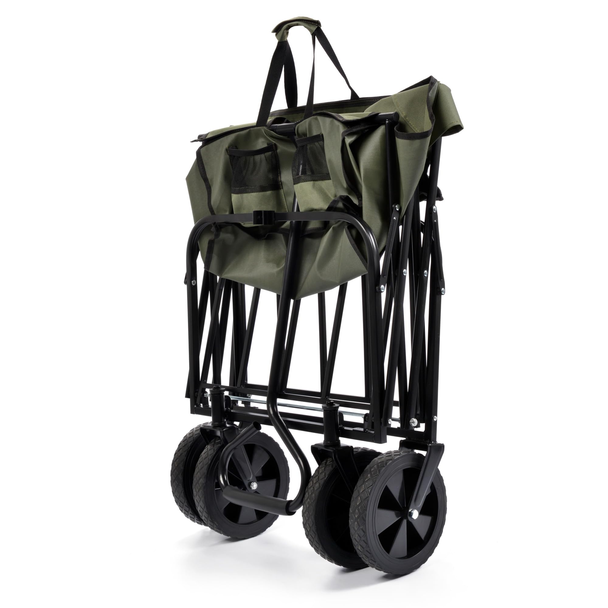 meteor Bollerwagen faltbar X-200 90L Transportwagen und Handwagen mit 80 kg Tragkraft klappbarer Gartenwagen mit Stahlrahmen PU-Rädern Seitentaschen für Camping Strand Einkauf dunkelgrün