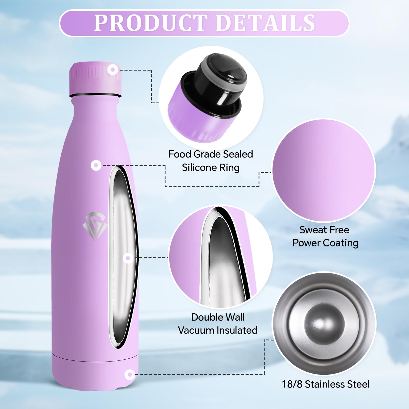 Borraccia Termica, A Prova di Perdite Borraccia 500ml, Isolato Sottovuoto, Riutilizzabile Bottiglia Termiche, Senza BPA Borracce Acciaio Inox per Campeggio, Ciclismo, Scuola