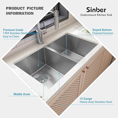 Miniatura 3 de Sinber Fregadero de cocina de 32 x 19 x 10 pulgadas con doble cuenco con acabado satinado de acero inoxidable 304 calibre 16 HU3219D-S-16G (solo