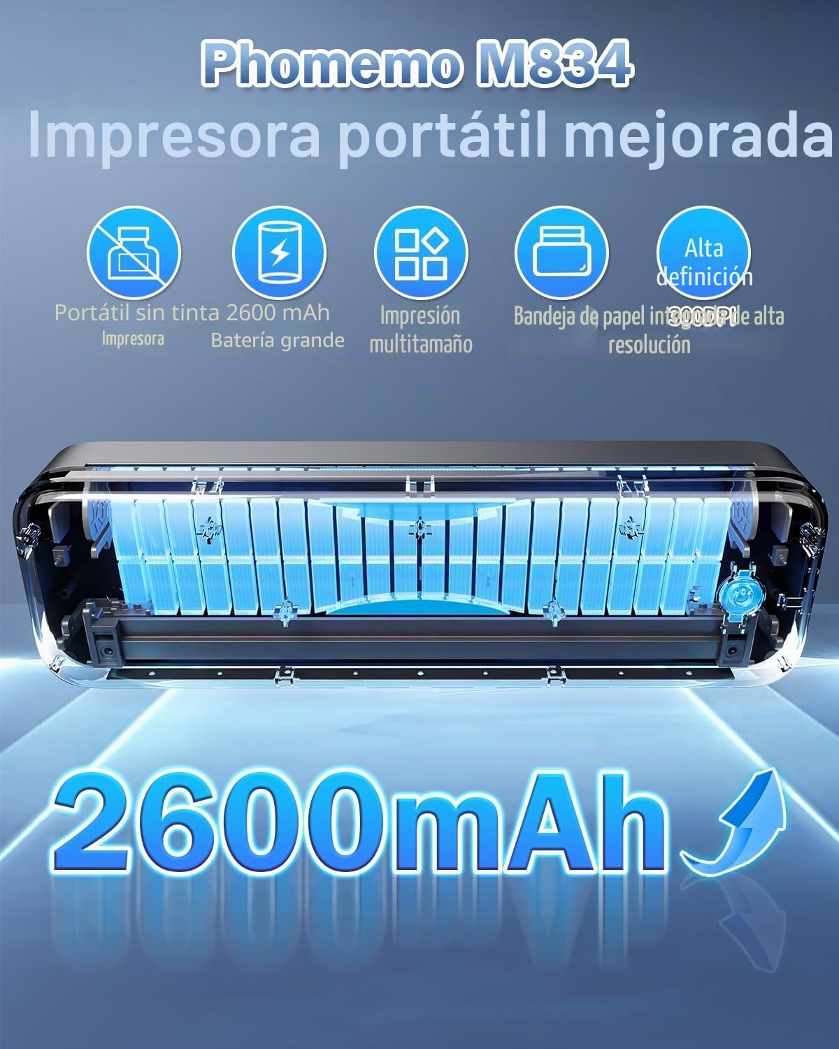 Phomemo M834 printer connected via USB to a laptop