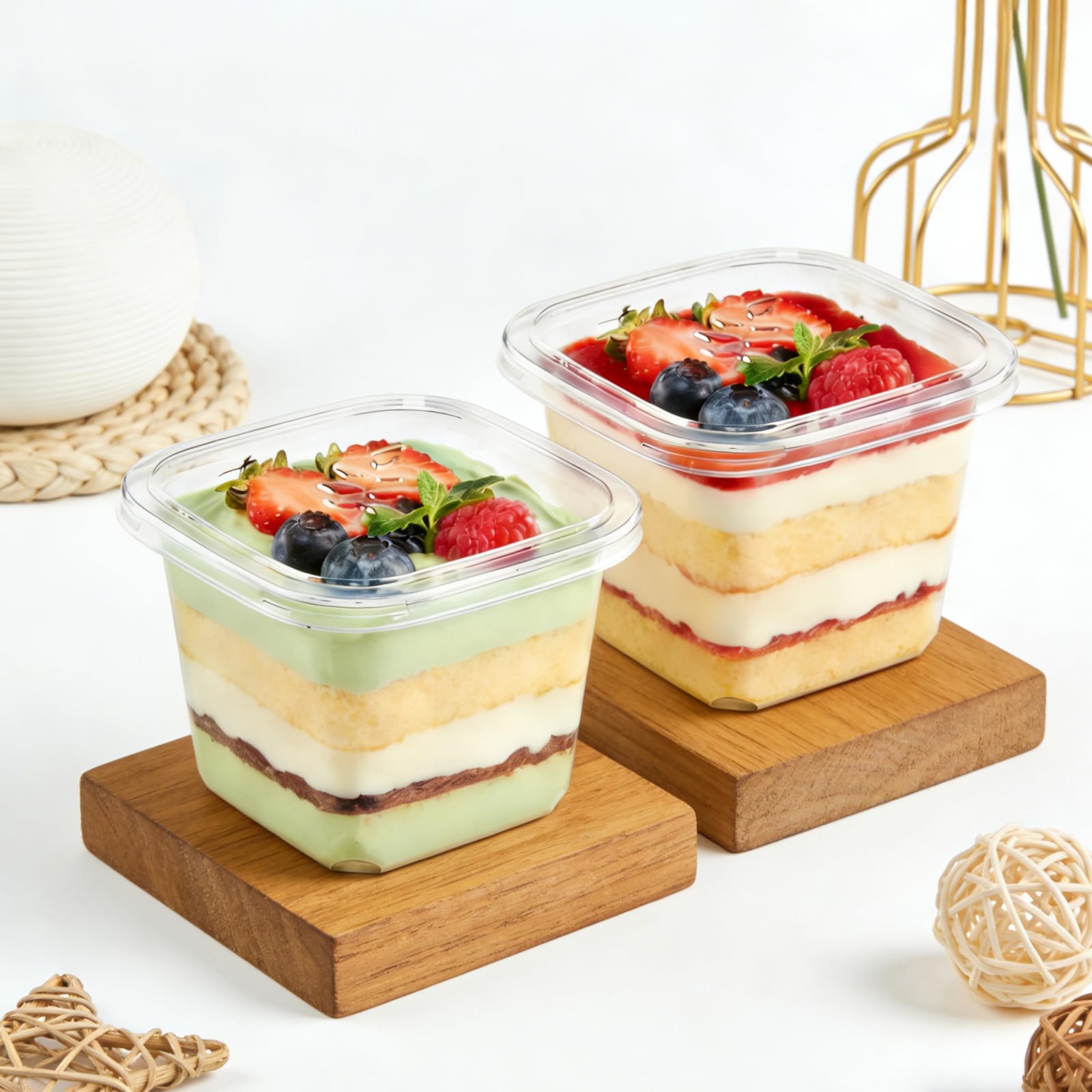 50 bicchieri da dessert in plastica con coperchio, 360 ml, rettangolari, in plastica, con cucchiai, ciotole da dessert, riutilizzabili, per tiramisù, dessert, mousse