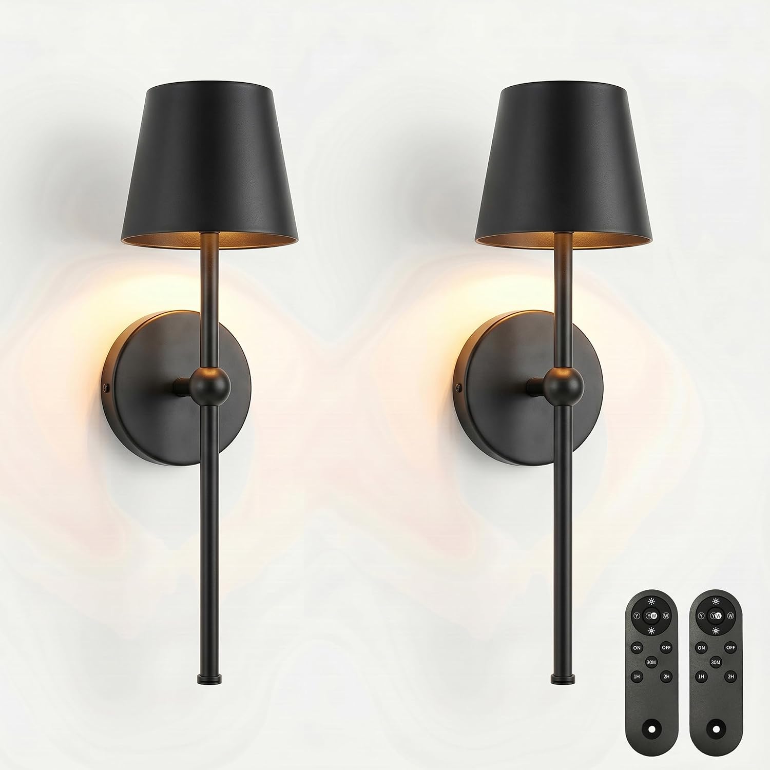 Battery Operated Wall Sconces Set of 2, All-Metal Rechargeable Wireless Wall Sconces with 5200mAh Battery, Remote Control, Modern Matte Black Cordless Wall Lights for Bedroom Living Room Hallway Decor