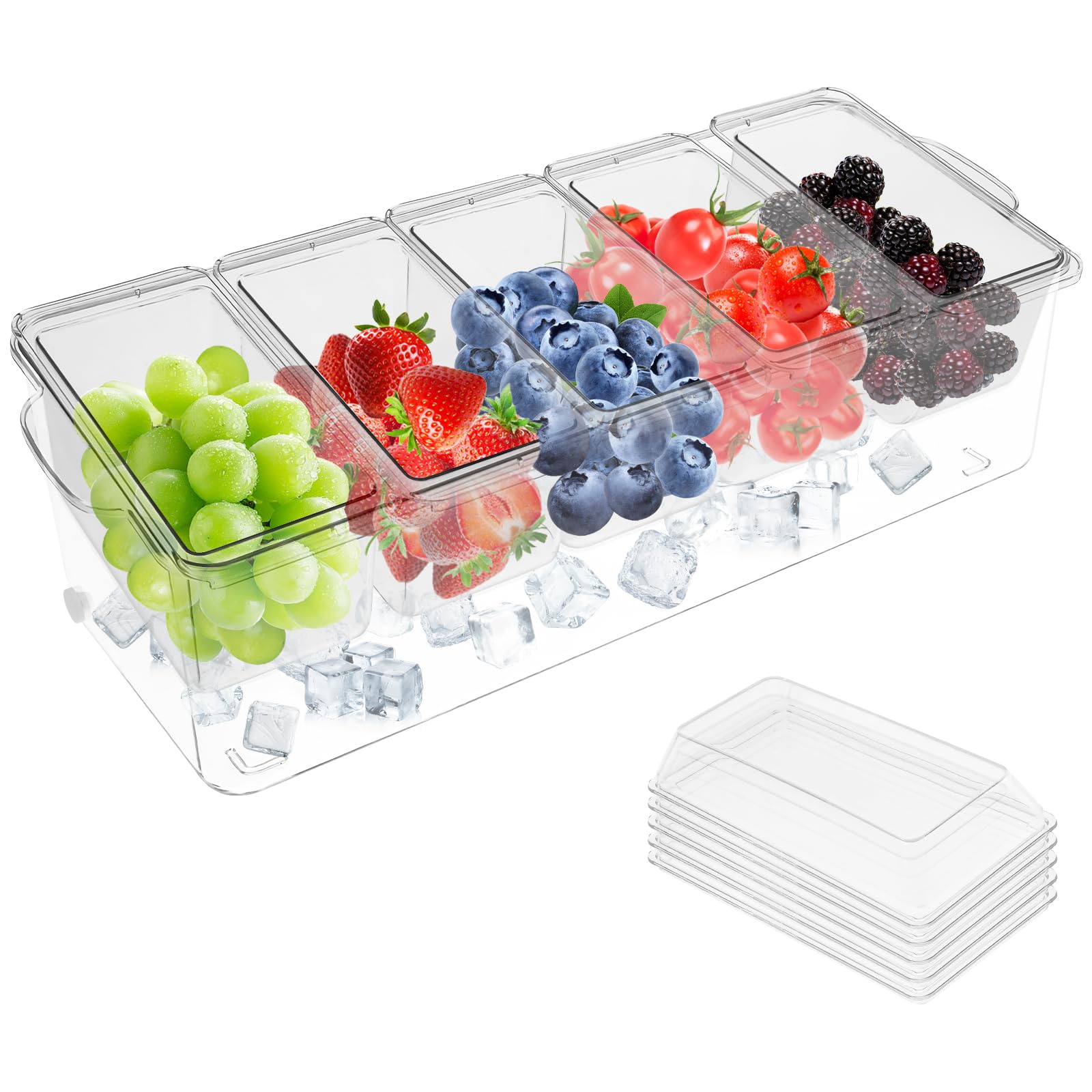 Rhaiqbvc Transparent Ice Chilled Condiment Caddy With 5 Divider 41×15.5×14.2 Cm Large Removable Ingredient Container With Lid And Handle Reusable Serving Tray Platter For Fruit Snack Salad Buffets