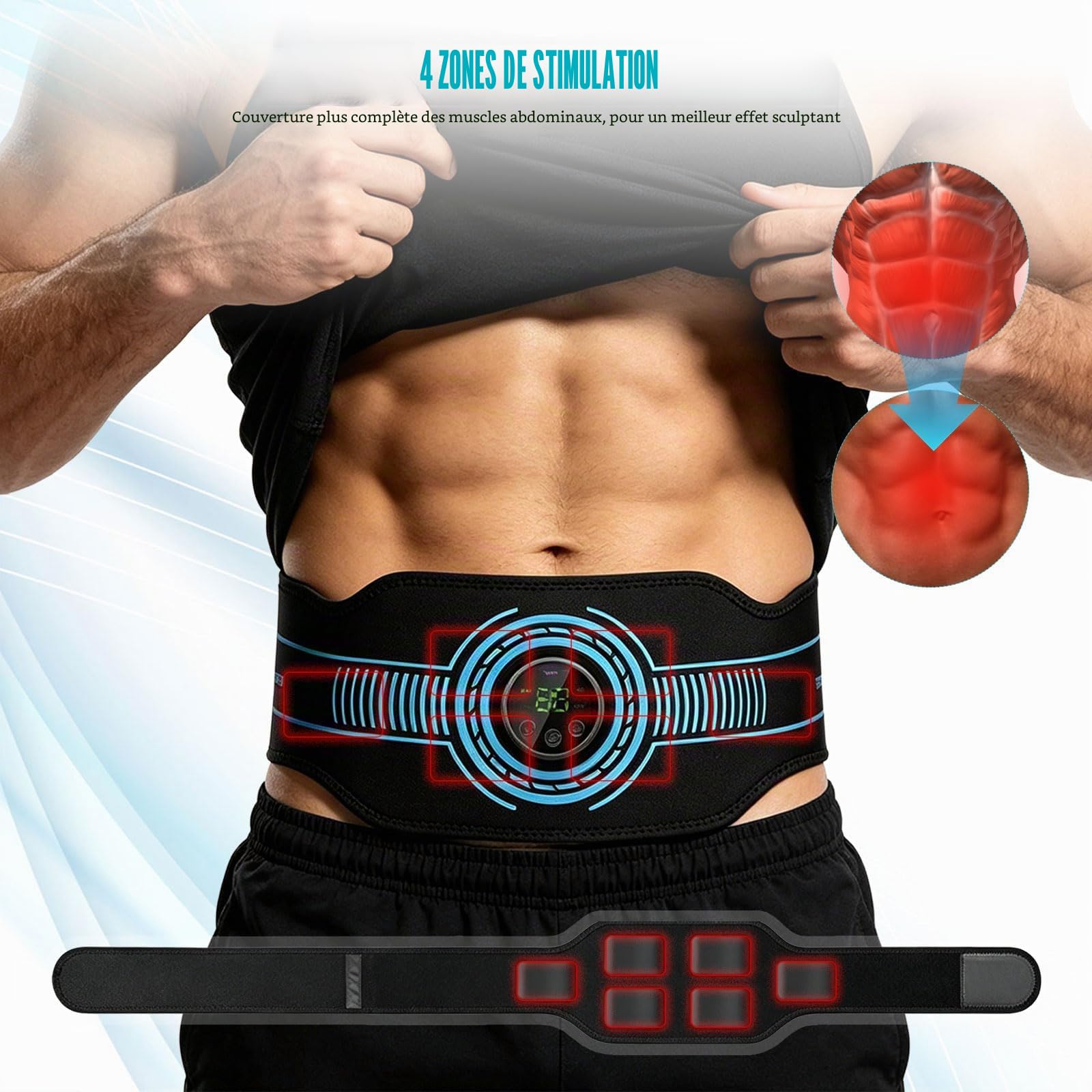 Ceinture Abdominale Electrostimulation, Ceinture Abdominale EMS, Doté de 10 Modes Et 39 Niveaux D'Intensité, Electrostimulateur Musculaire,USB Rechargeabl, Convient Aussi Bien Aux Hommes Qu'aux Femmes