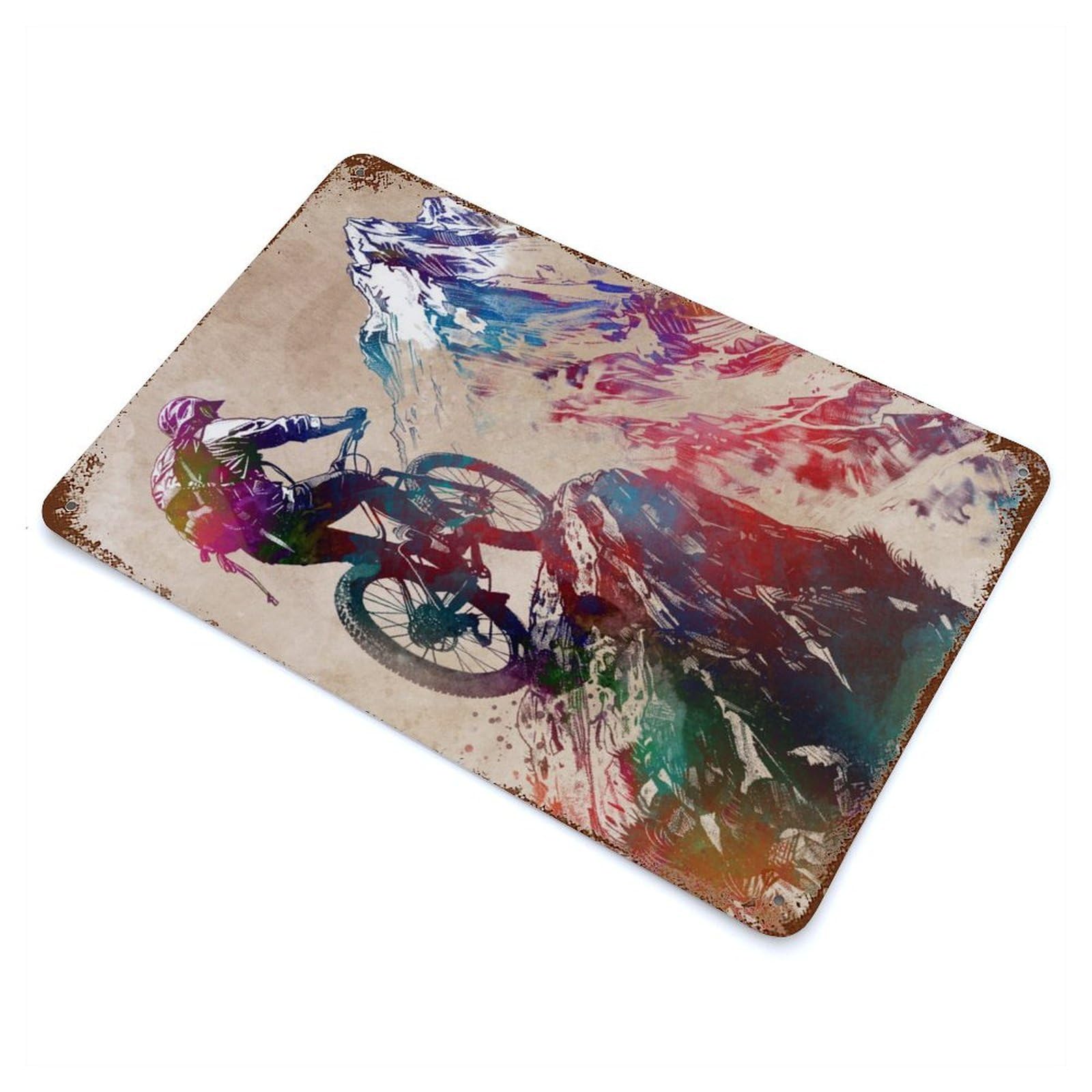 Distressed Metal Wall Sign with Mountain Biking Watercolor Design 11.8"x7.9", for Office, Studio And Wall Decor, Industrial Home Decor