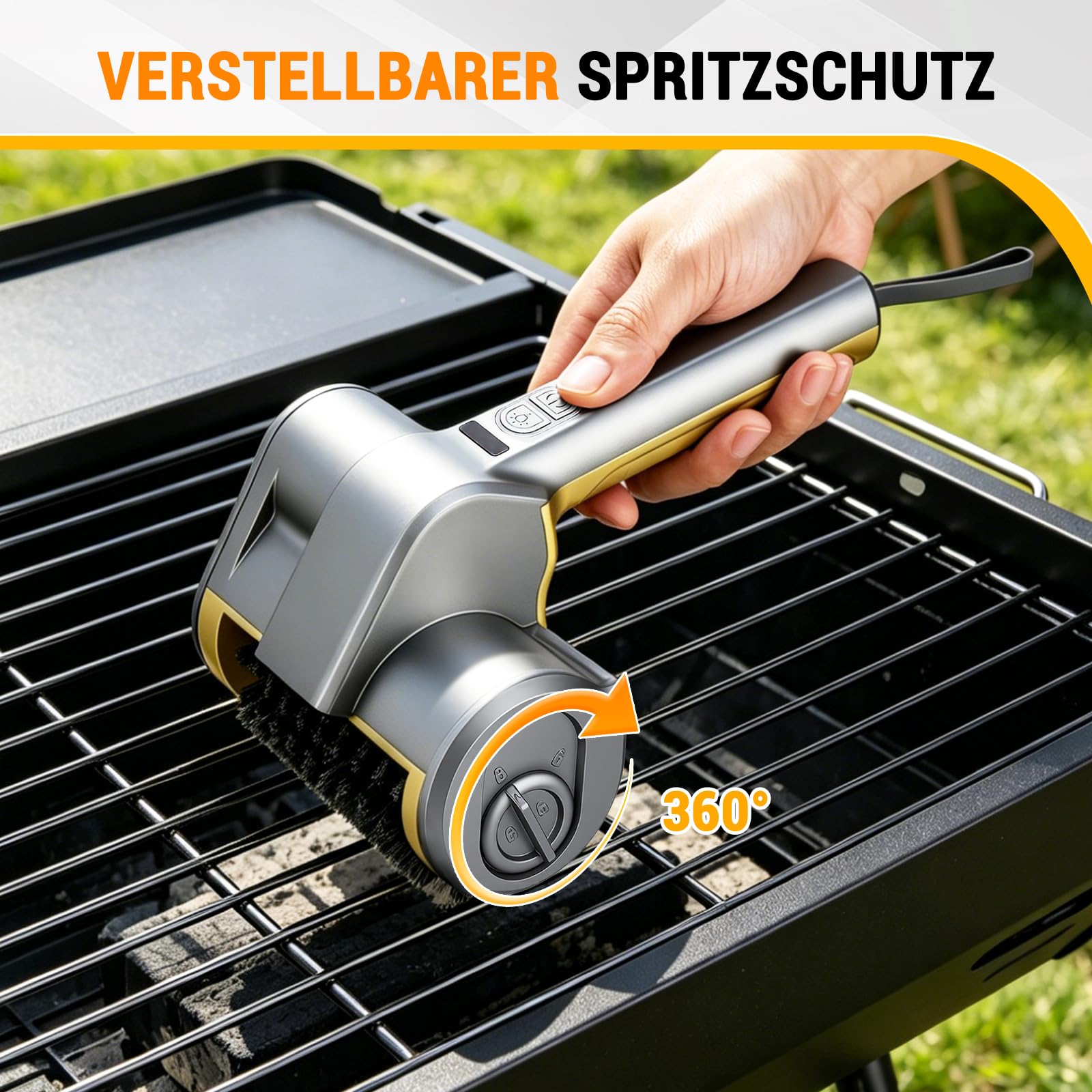 Cepillo eléctrico para barbacoa con función giratoria automática, operación de un botón, cepillo de rodillo de acero inoxidable inalámbrico para uso doméstico, 2 velocidades ajustables, 3 cabezales de