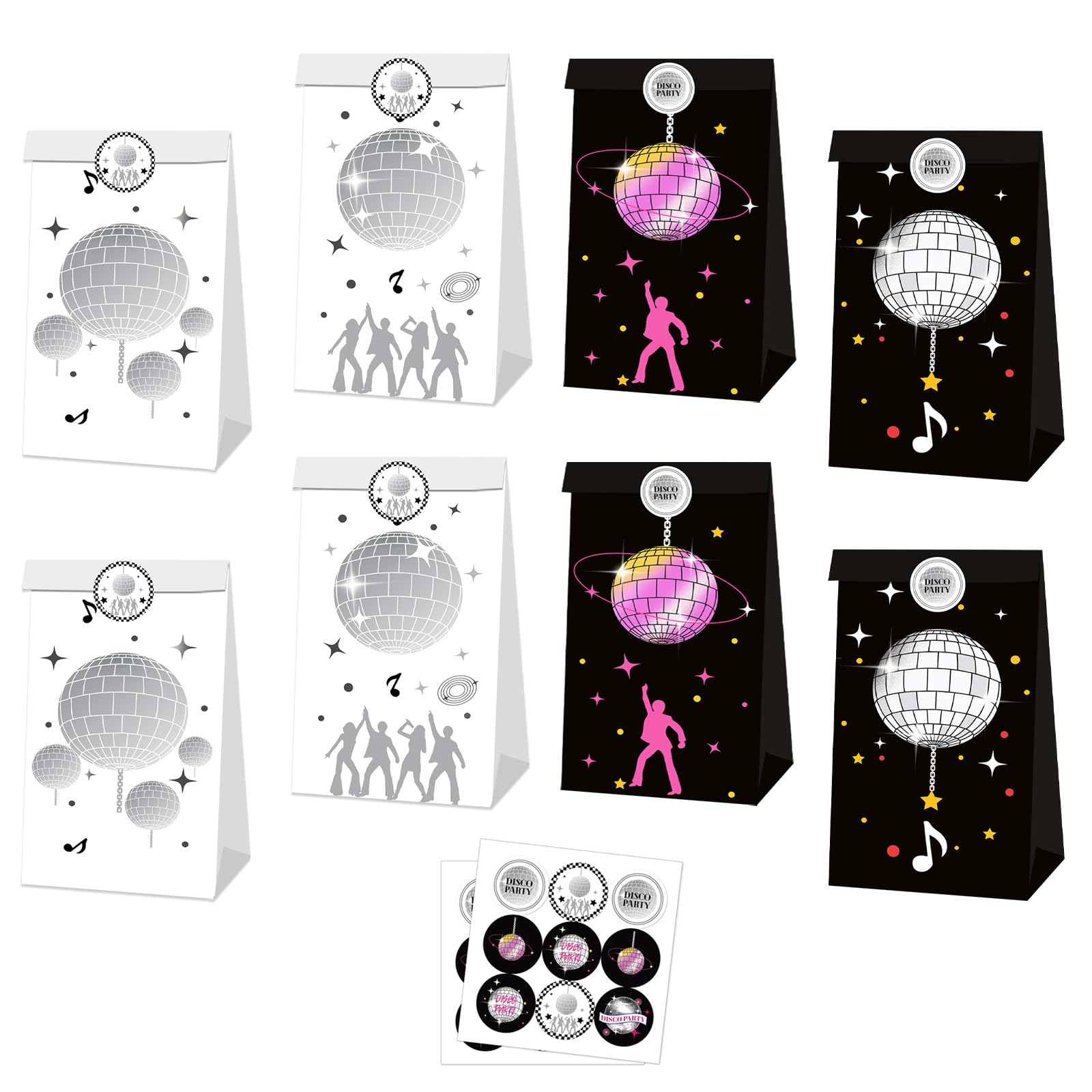MORAINJAY 12 Pcs Disco Party Bags, Black White Silver Gift Bags, 70s 80s Disco Ball Theme Favor Goodie Bag, Music Dancing Party Decorations, with 18 Stickers