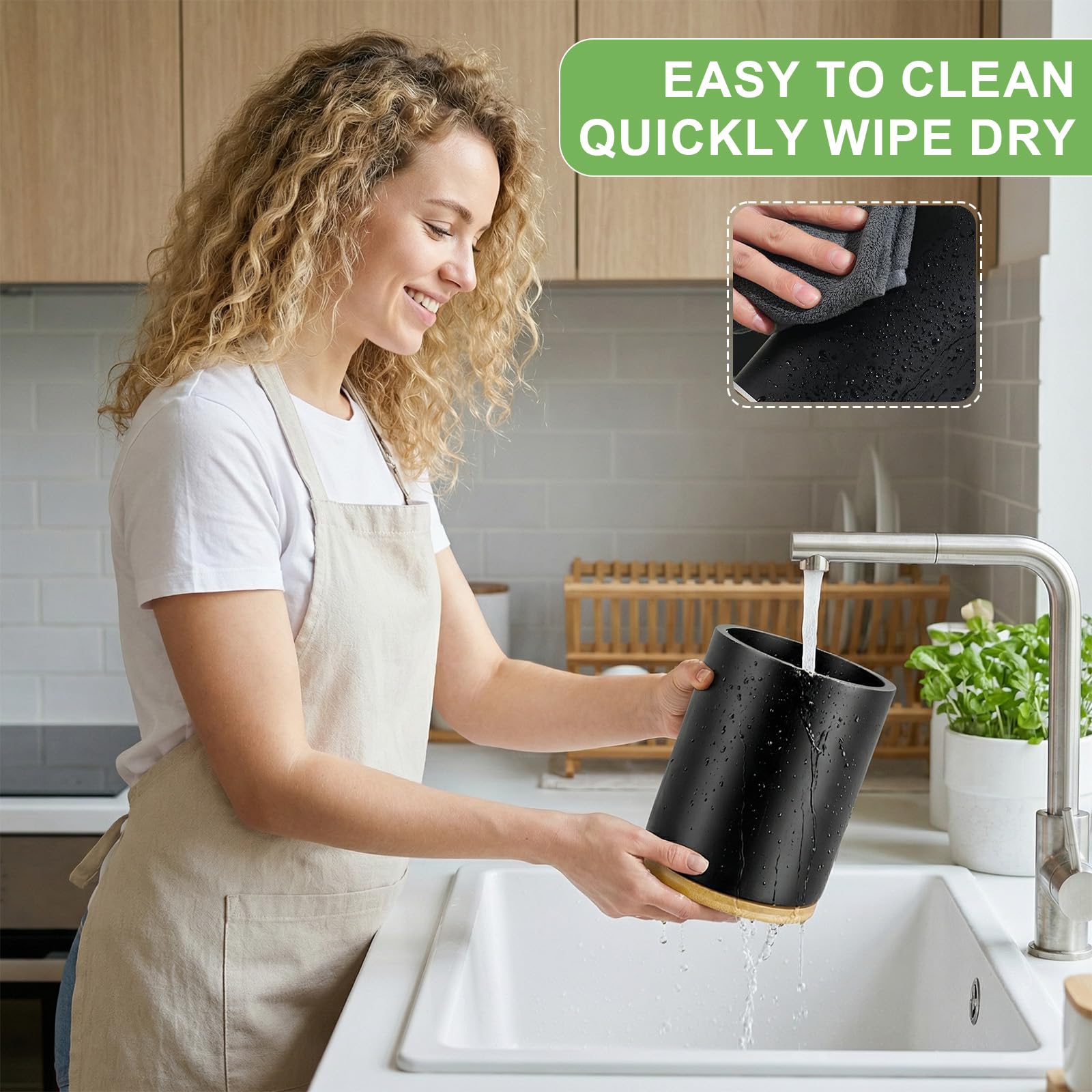 Portautensili da Cucina in Bambù Girevole 360°, Nero, 18.5×15.5×15.5cm, Impermeabile, Portautensili per Utensili da Cucina con Spazio 10-15 Utensili per Bancone da Cucina.