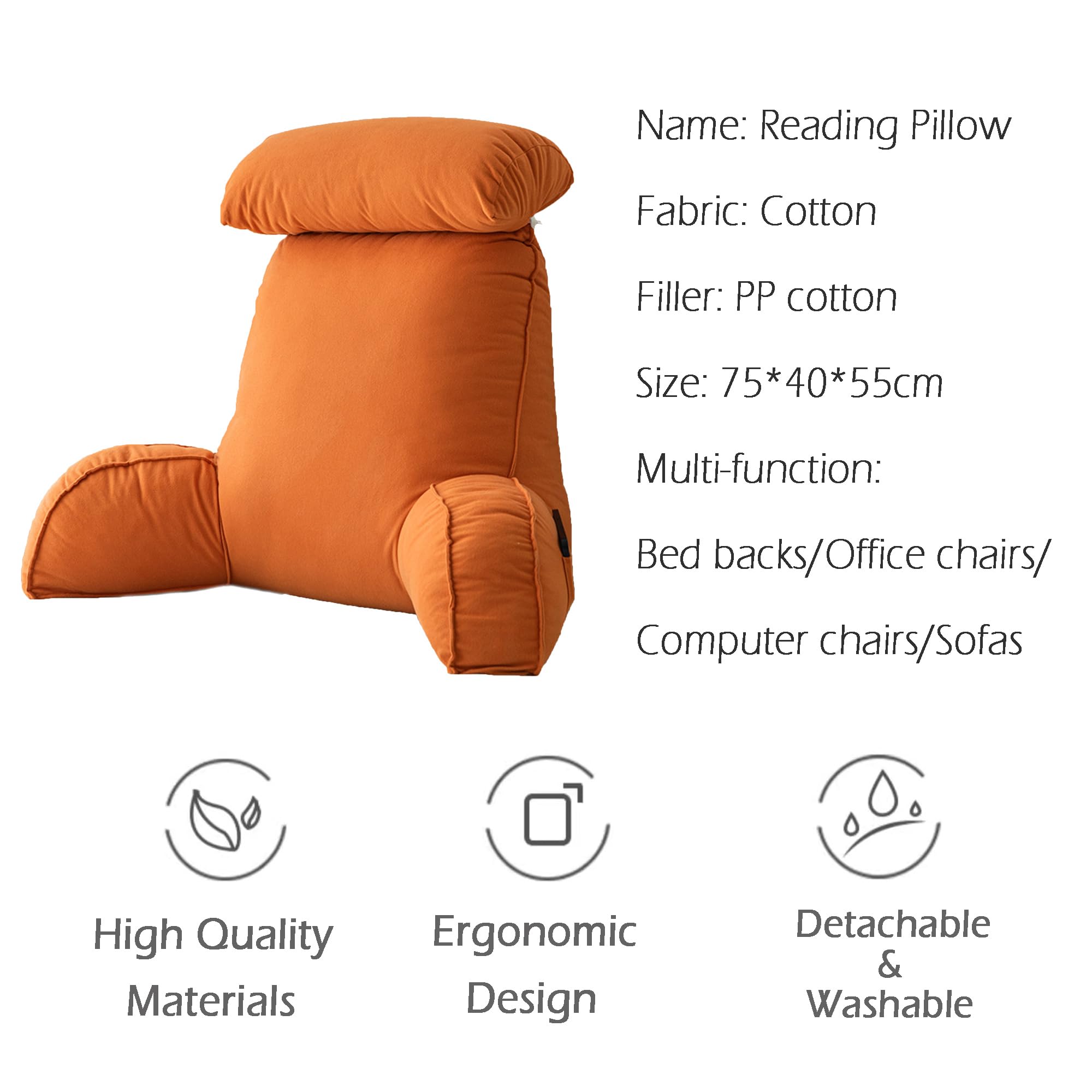Cuscino da lettura per divano e letto, cuscino di supporto per braccioli lombari, 75 x 40 x 55 cm, arancione, perfetto per leggere e rilassarsi a casa