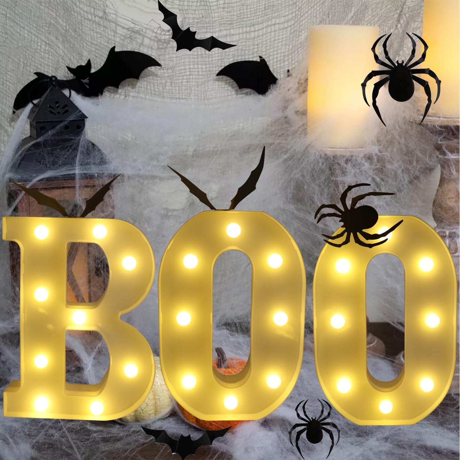 BOO Light Up Letters 8.7in BOO LED Marquee Sign,3D Bats &Spider Sticker Halloween Decoration Set for Halloween Indoor Outdoor Decoration Party Supplies