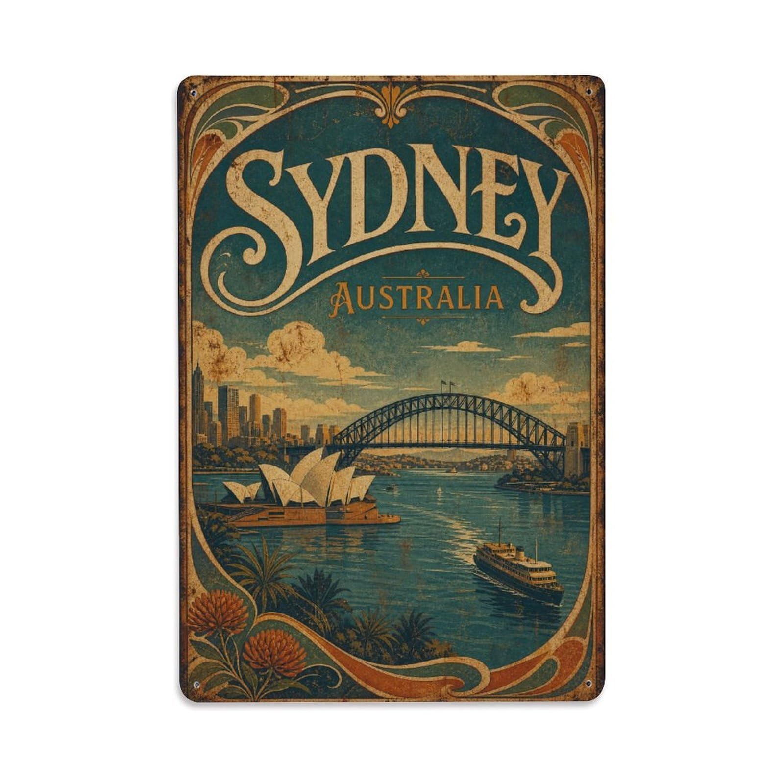 Retro Sydney Australia Coastal Harbor Waterfront Travel Metal Tin Sign