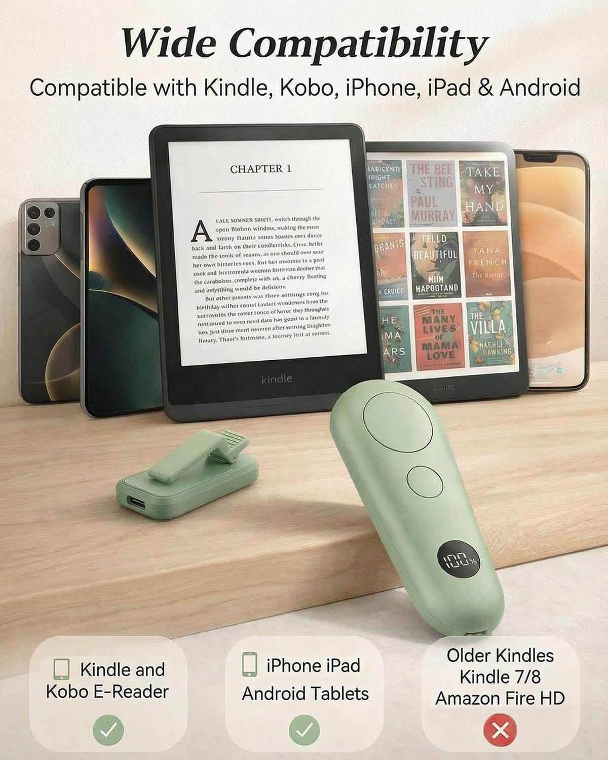 Control remoto RF para lectores electrónicos Kindle Paperwhite Oasis Kobo, accesorios Kindle para iPad, tabletas, teléfono, lectura, novelas, tomar fotos, Kindle Clicker con pantalla de alimentación