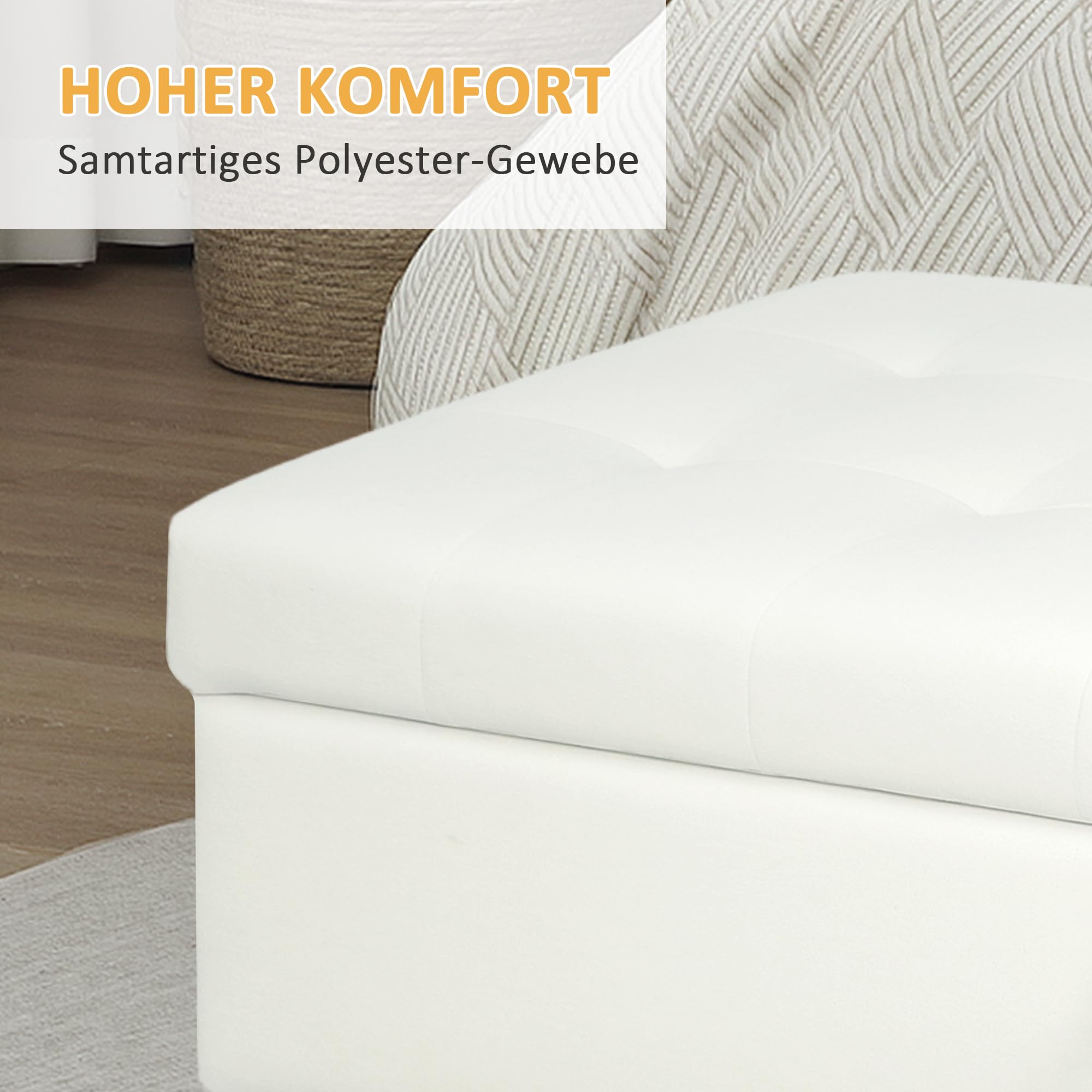 HOMCOM Sitzbank mit Stauraum mit Samt-Optik 115 x 50 x 43 cm Cremeweiß | Sitztruhe, Bettbank mit Holzbeine, Polsterbank, für Wohnzimmer, Schlafzimmer, Flur