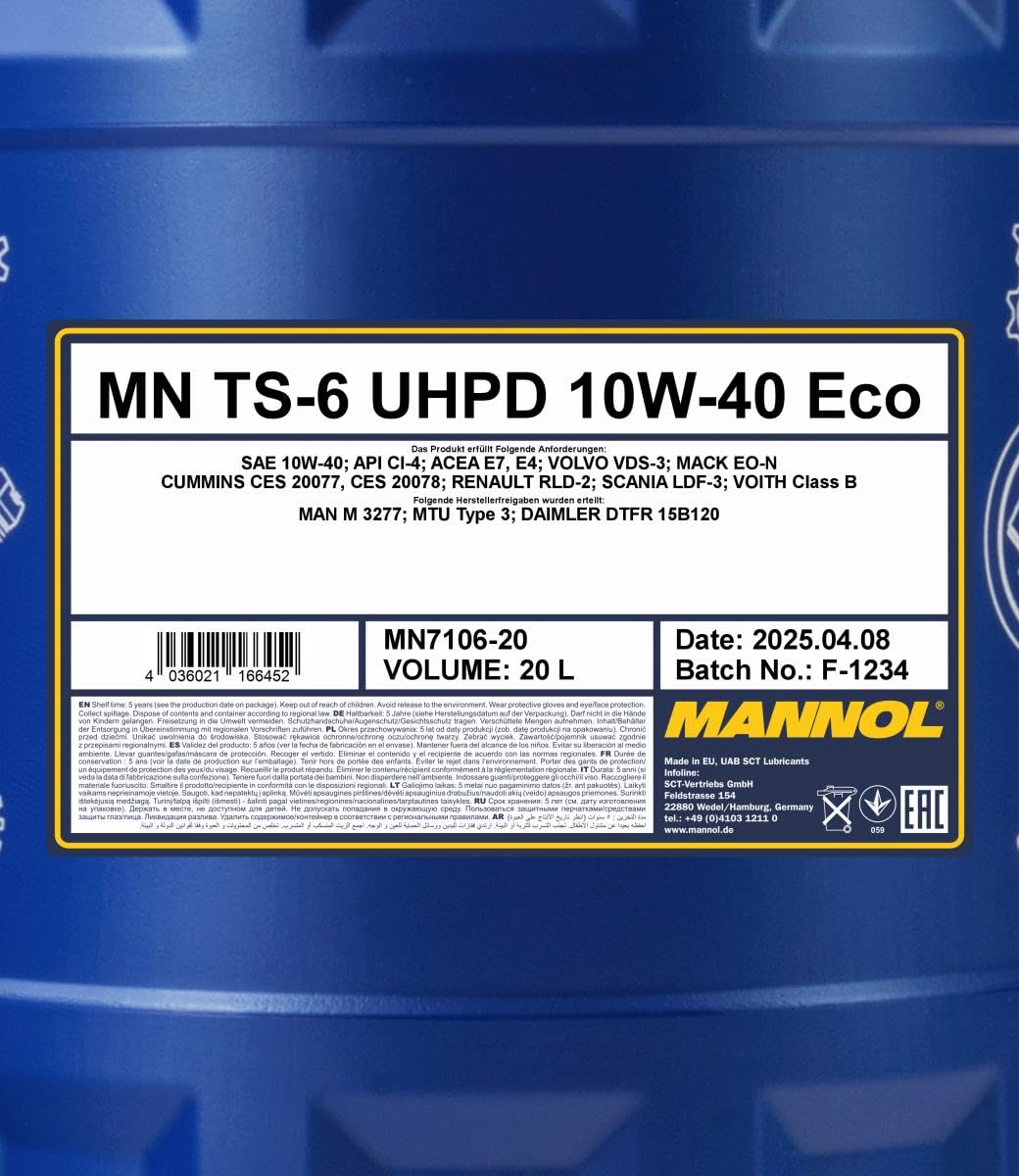 MANNOL Aceite de motor 10W-40 TS-6 ACEA E4 ACEA E7 API CI-4 API SL UHPD Eco 20L Compatible con MERCEDES-BENZ Clase C T-modell S204 Clase E T-modell S212 Clase E Sedán W212 Clase C Sedán W204 | Api Ci-4/SL Acea E4/E7 228.5,